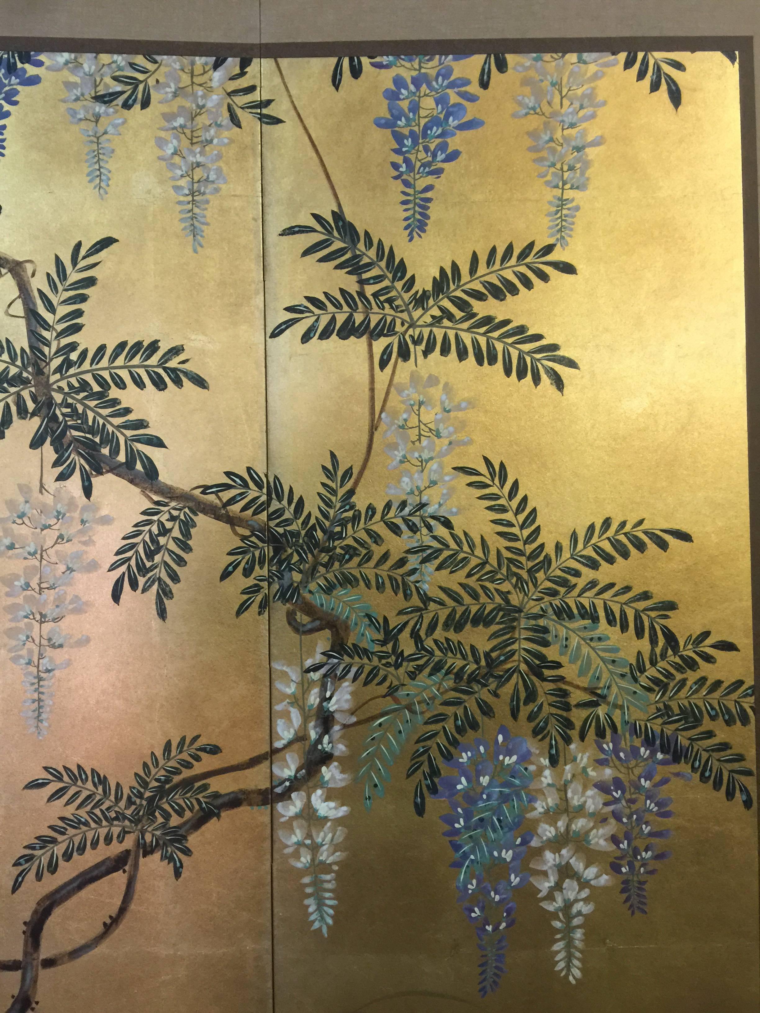 Handgemalter japanischer Paravent Byobu Blumenmalerei:: Aquarell Blattgold (Asiatisch)