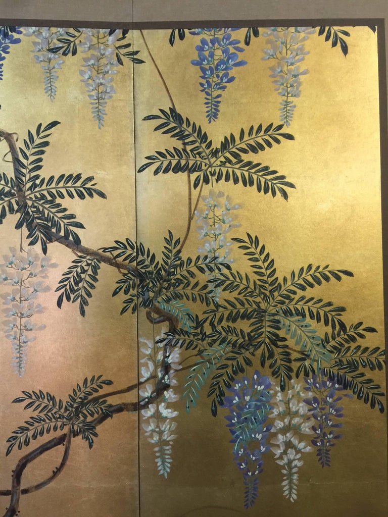 HandPainted Japanese Folding Screen Byobu Floral Painting, Watercolor