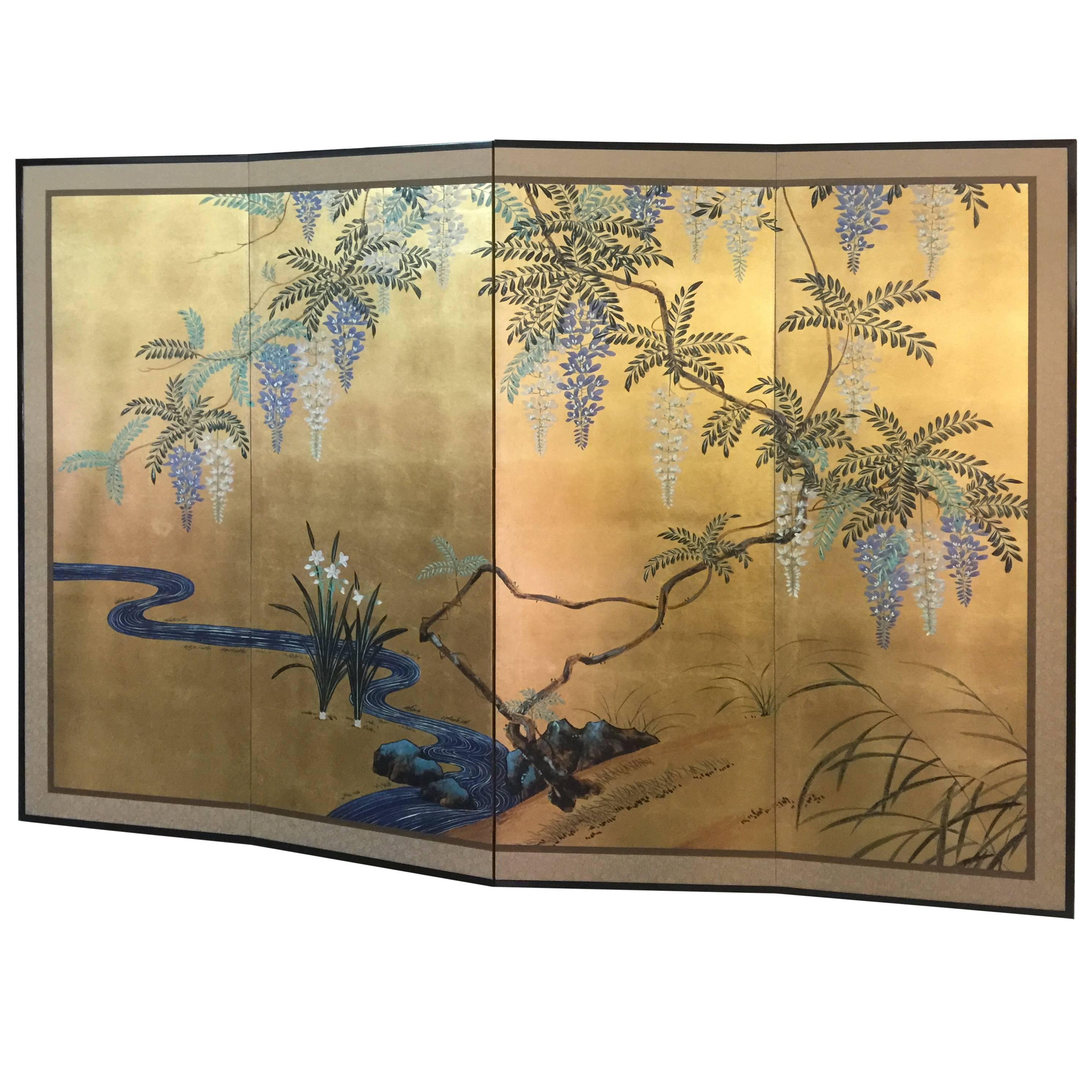 Handgemalter japanischer Paravent Byobu Blumenmalerei:: Aquarell Blattgold