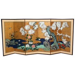 Hand Painted Japanese Folding Screen Byobu Floral Painting, Watercolor Gold Leaf