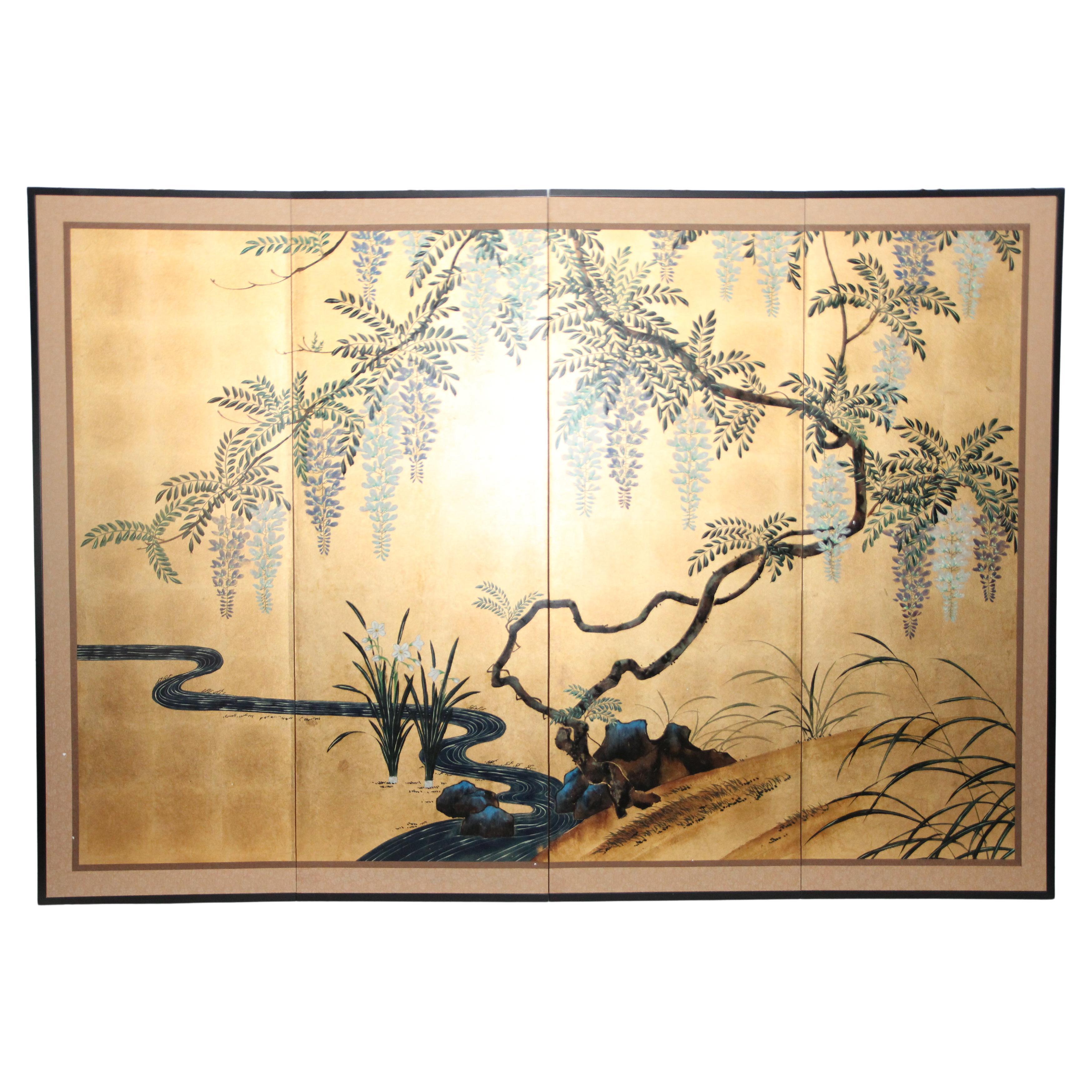 Hand-Painted Japanese Folding Screen Byobu Floral Painting, Watercolor Gold Leaf