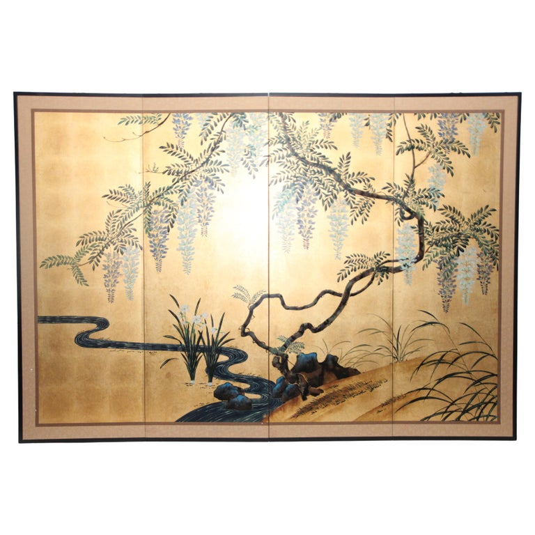 Antique Japanese Black Lacquer & Gold painting Scene of Pine Trees, Mt &  Birds
