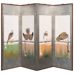 Hand Painted Japanese Folding Screen Byobu Hawks Painting Watercolor Silver Leaf