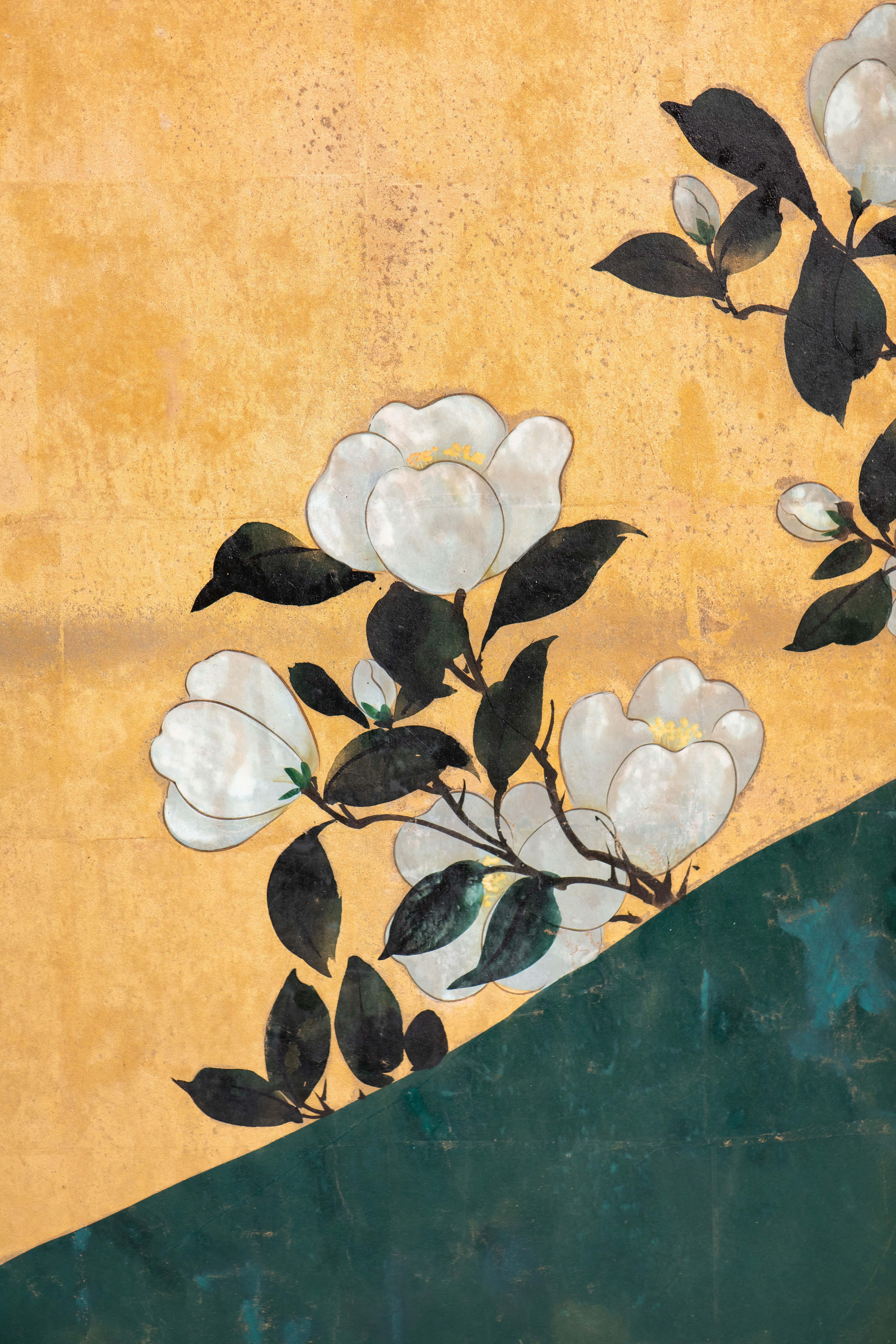 Hand Painted Japanese Folding Screen Byobu of Camellias For Sale 1
