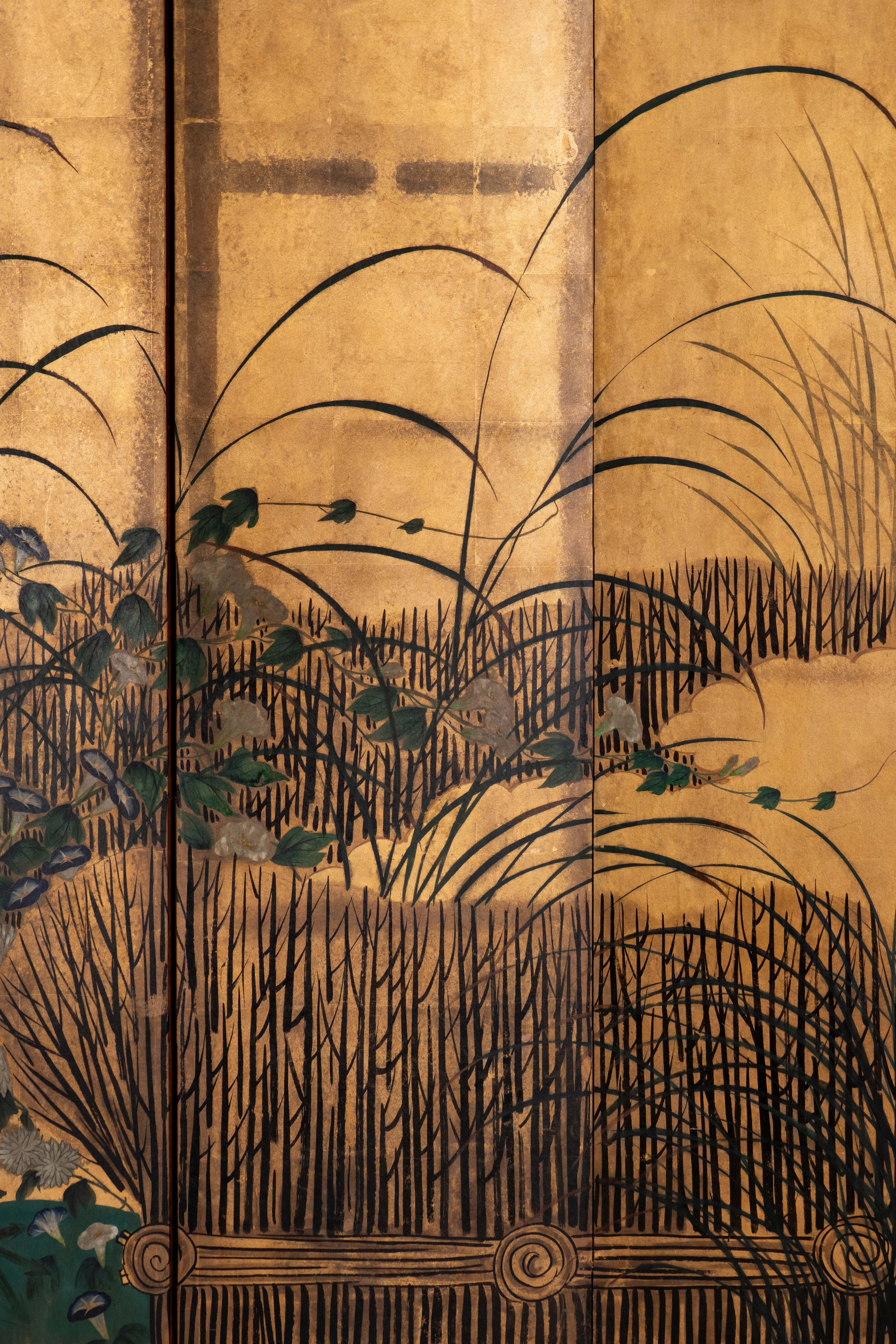 Hand Painted Japanese Folding Screen Byobu of Chrysanthemum and Willows For Sale 3
