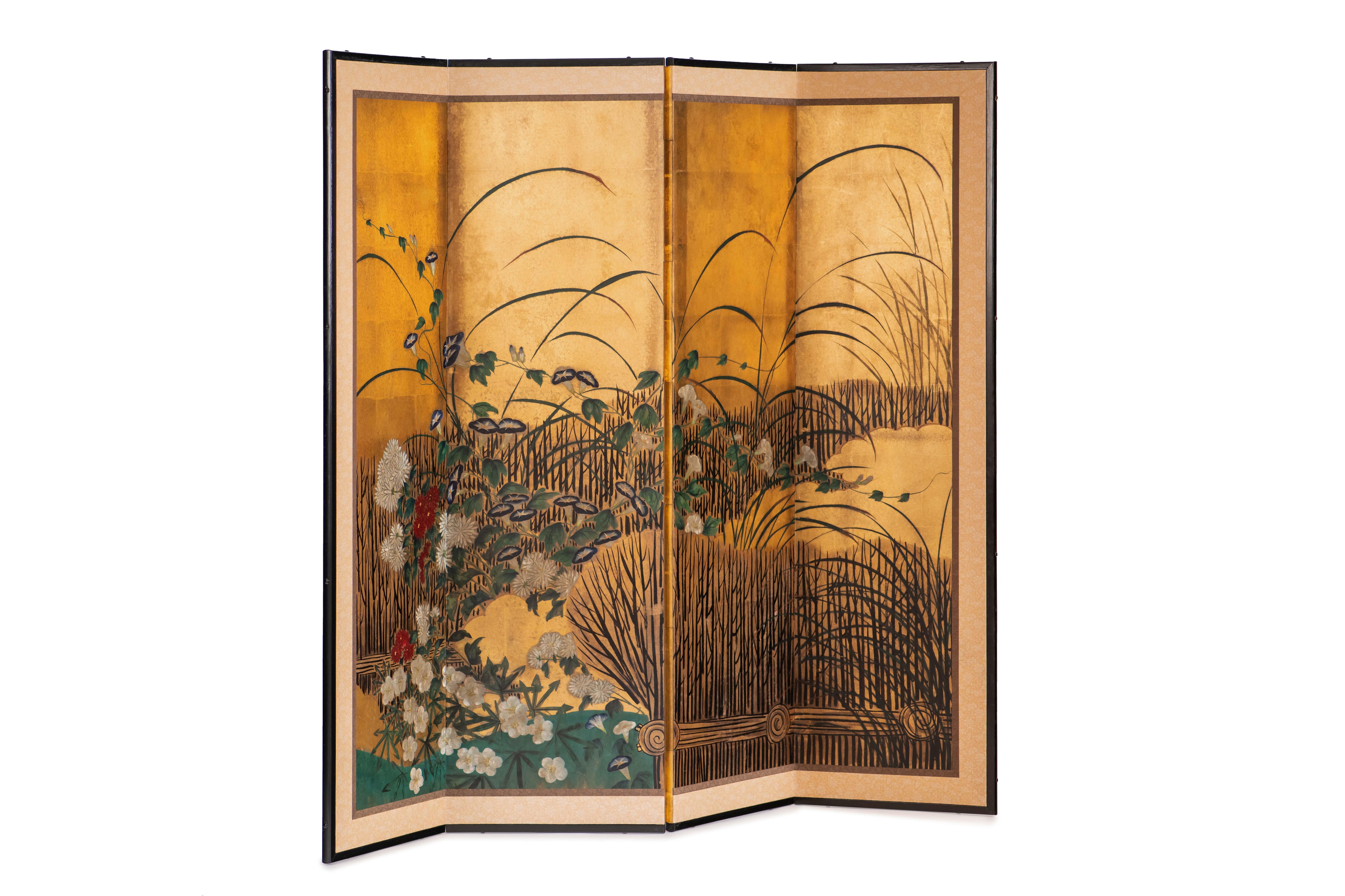 Hand Painted Japanese Folding Screen Byobu of Chrysanthemum and Willows For Sale 6