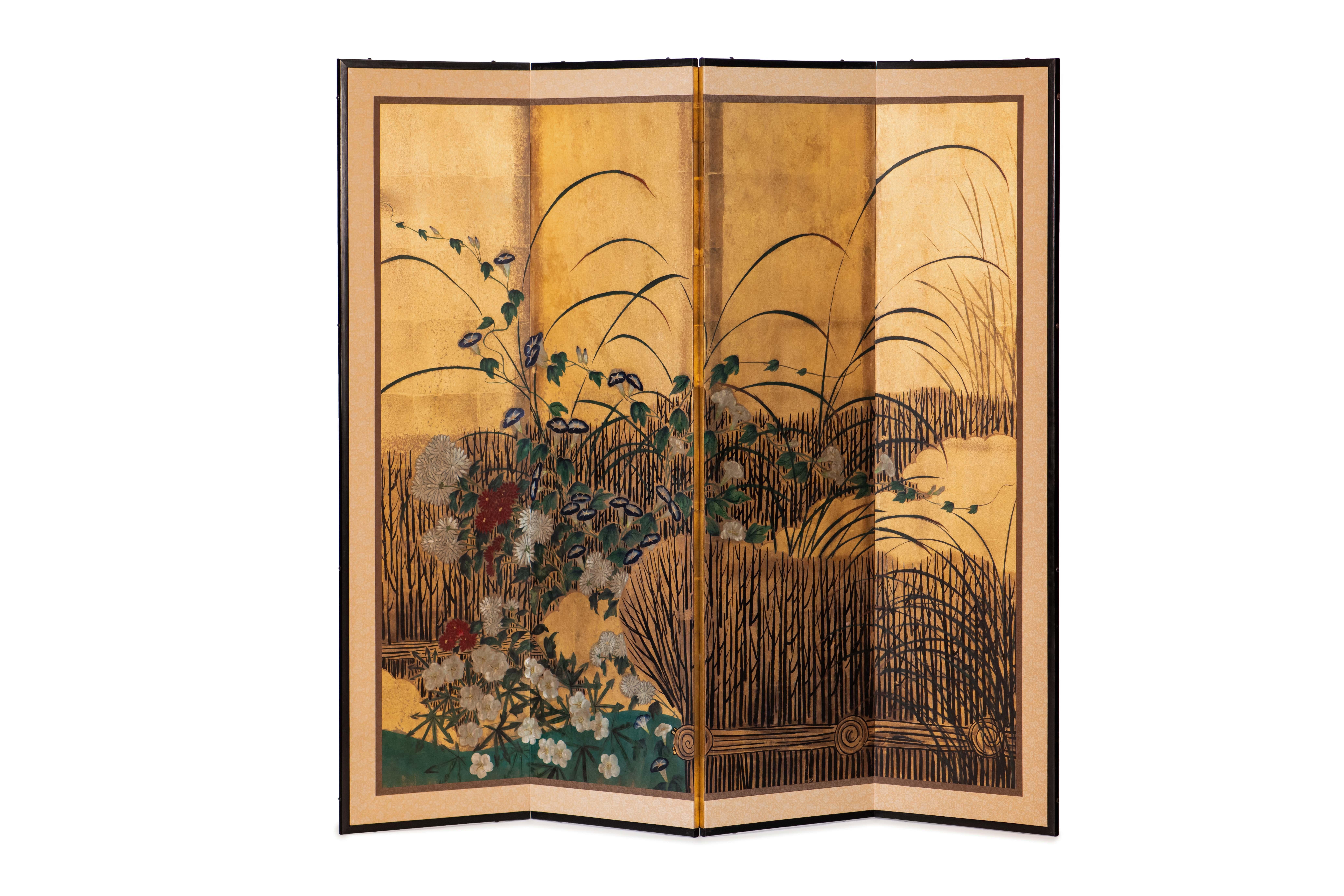 The chrysanthemum and willows painting of this four-panel screen is hand-painted in watercolor, on squares of gold leaf which are applied by hand to the paper base over carefully jointed wooden lattice frames. Lacquer rails are then applied to the
