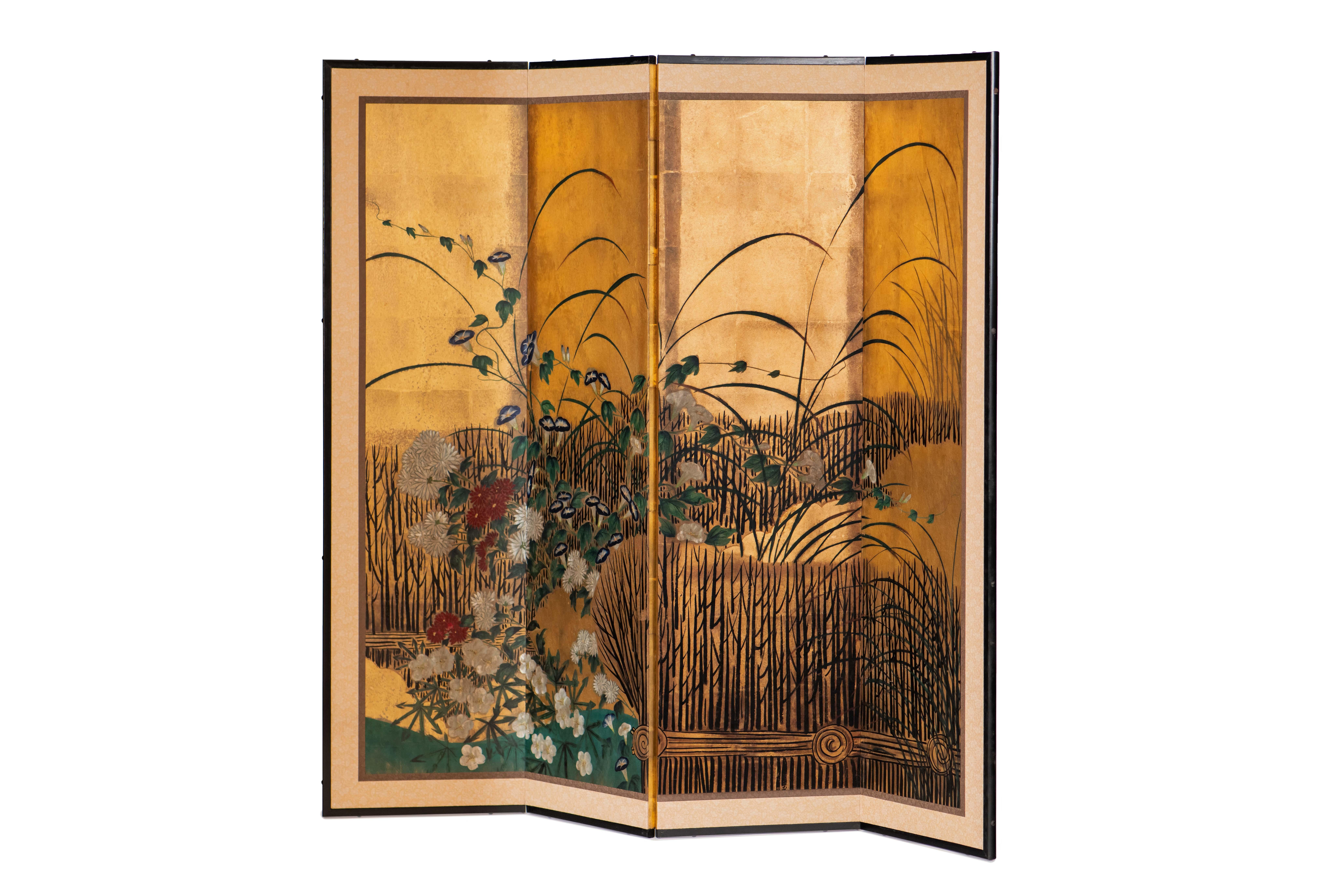 Chinese Hand Painted Japanese Folding Screen Byobu of Chrysanthemum and Willows For Sale