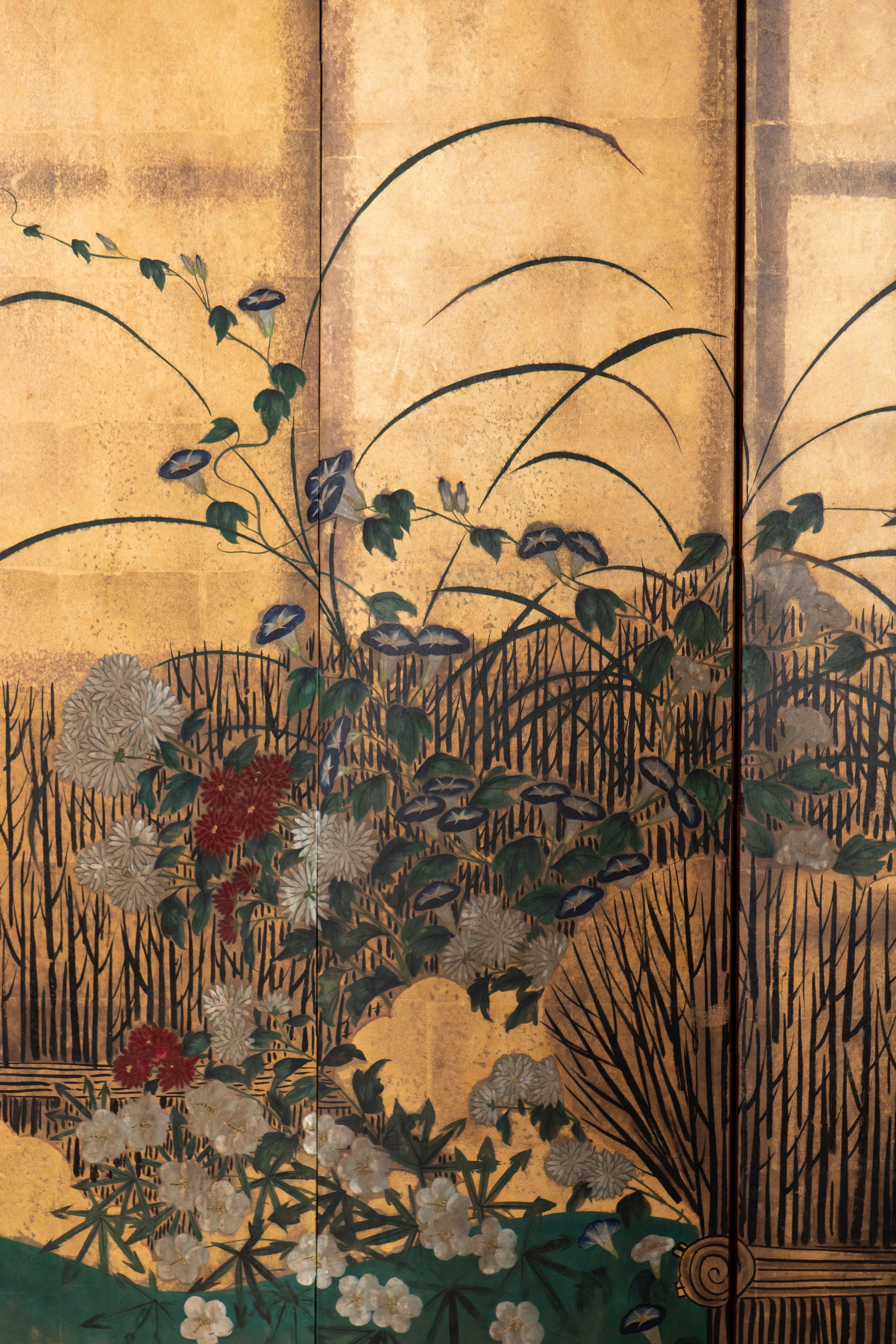 Hand-Painted Hand Painted Japanese Folding Screen Byobu of Chrysanthemum and Willows For Sale