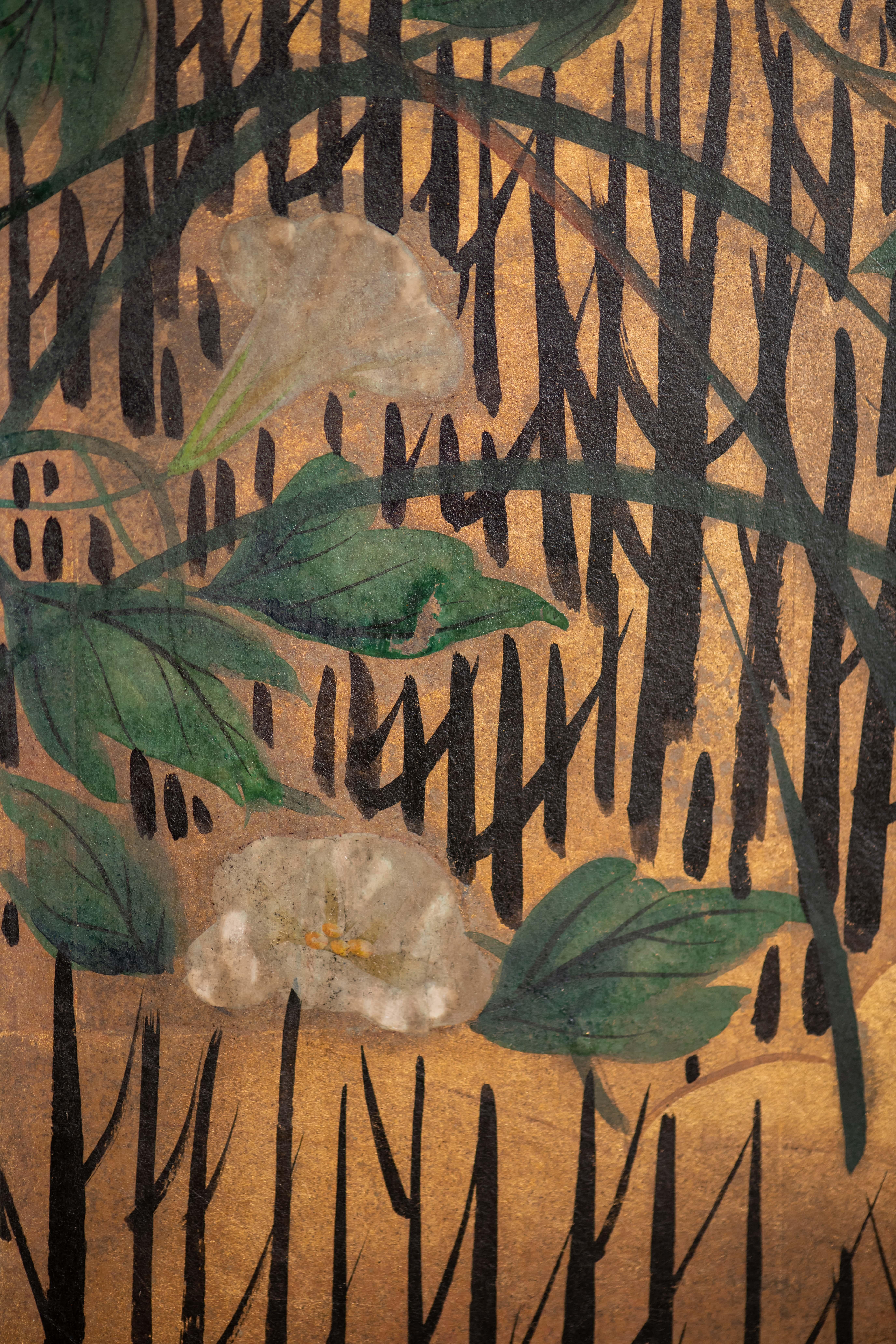 Gold Leaf Hand Painted Japanese Folding Screen Byobu of Chrysanthemum and Willows For Sale
