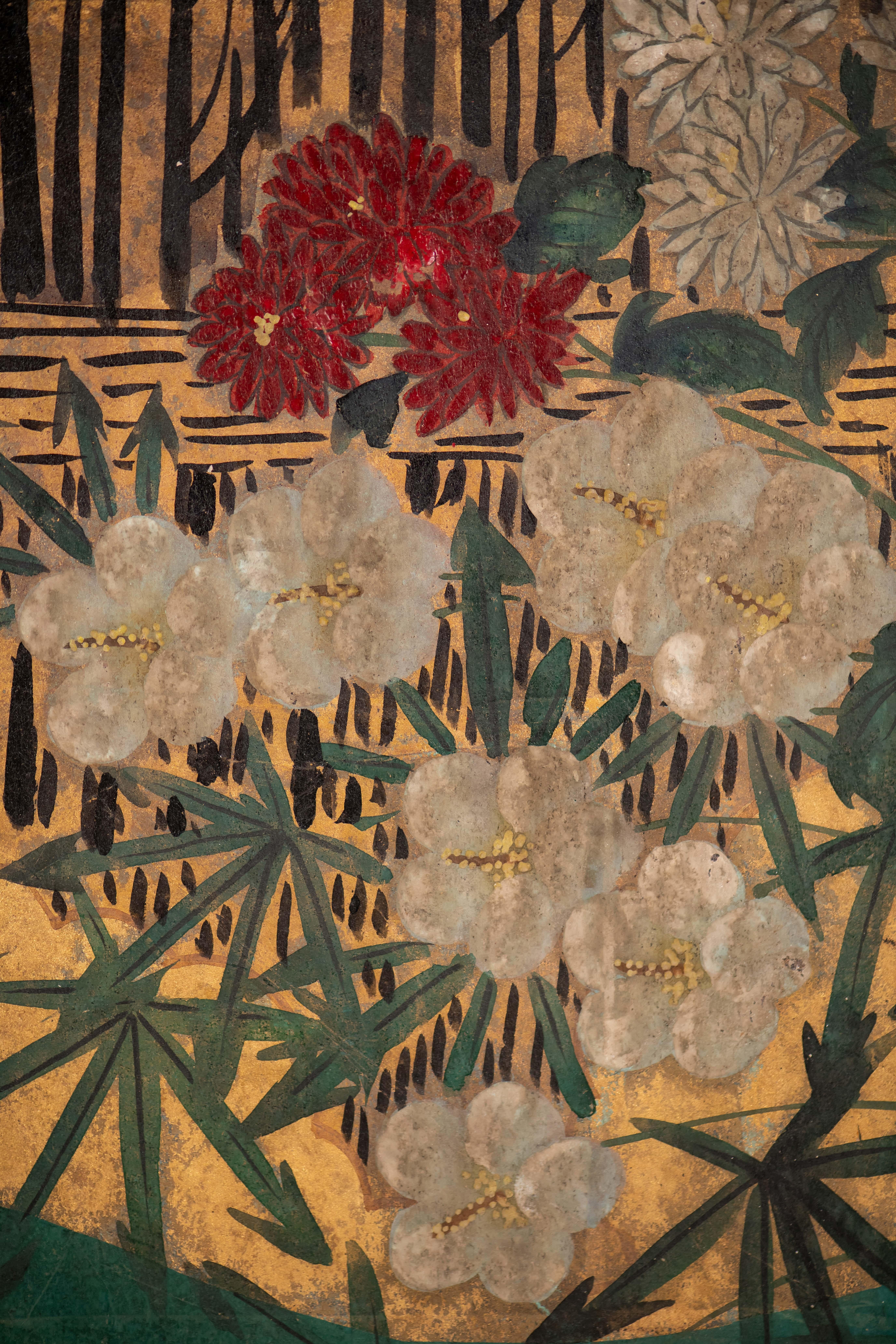 Hand Painted Japanese Folding Screen Byobu of Chrysanthemum and Willows For Sale 2