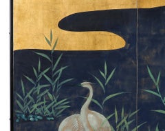 Hand Painted Japanese Folding Screen Byobu of Cranes by the Reeds