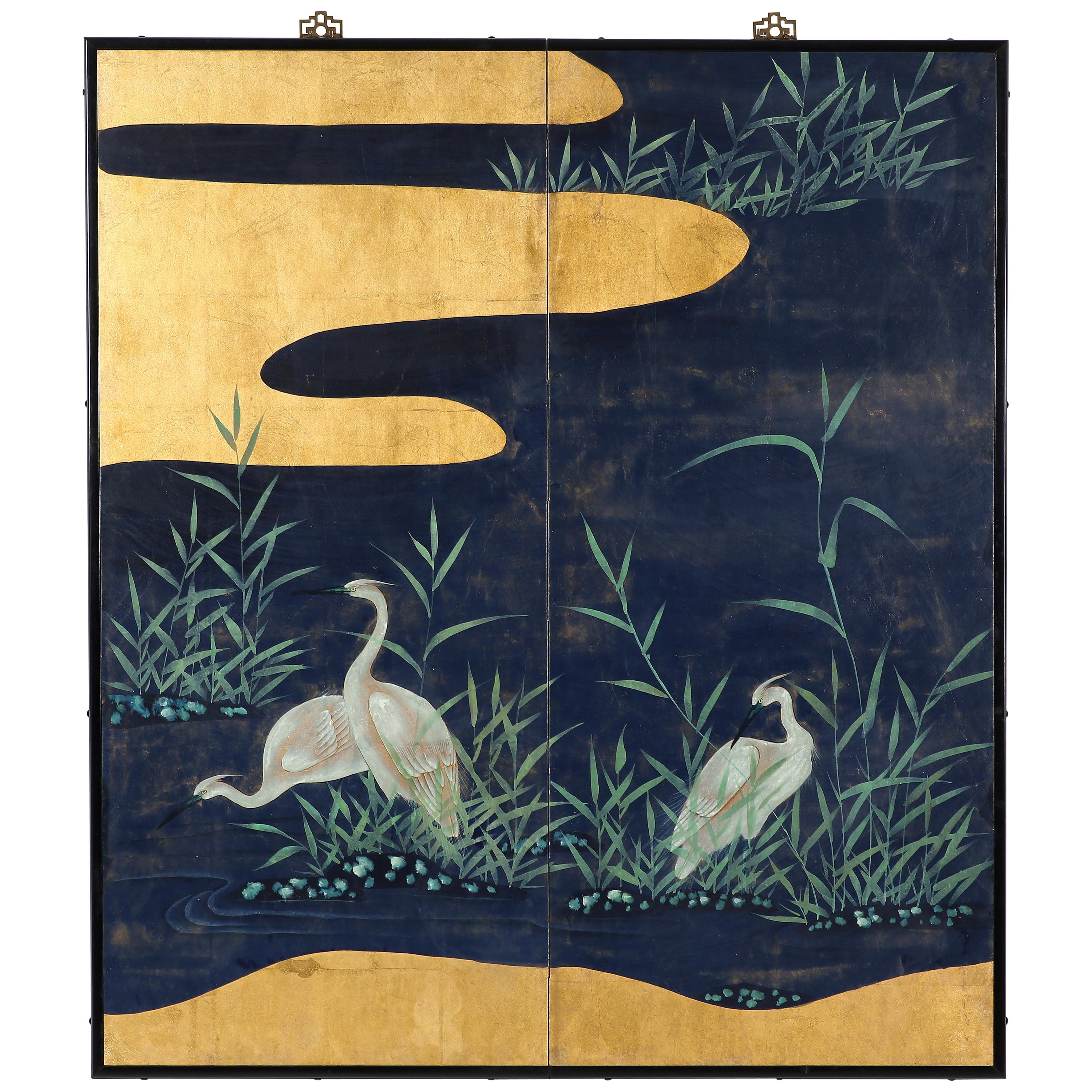 Hand Painted Japanese Folding Screen Byobu of Cranes by the Reeds