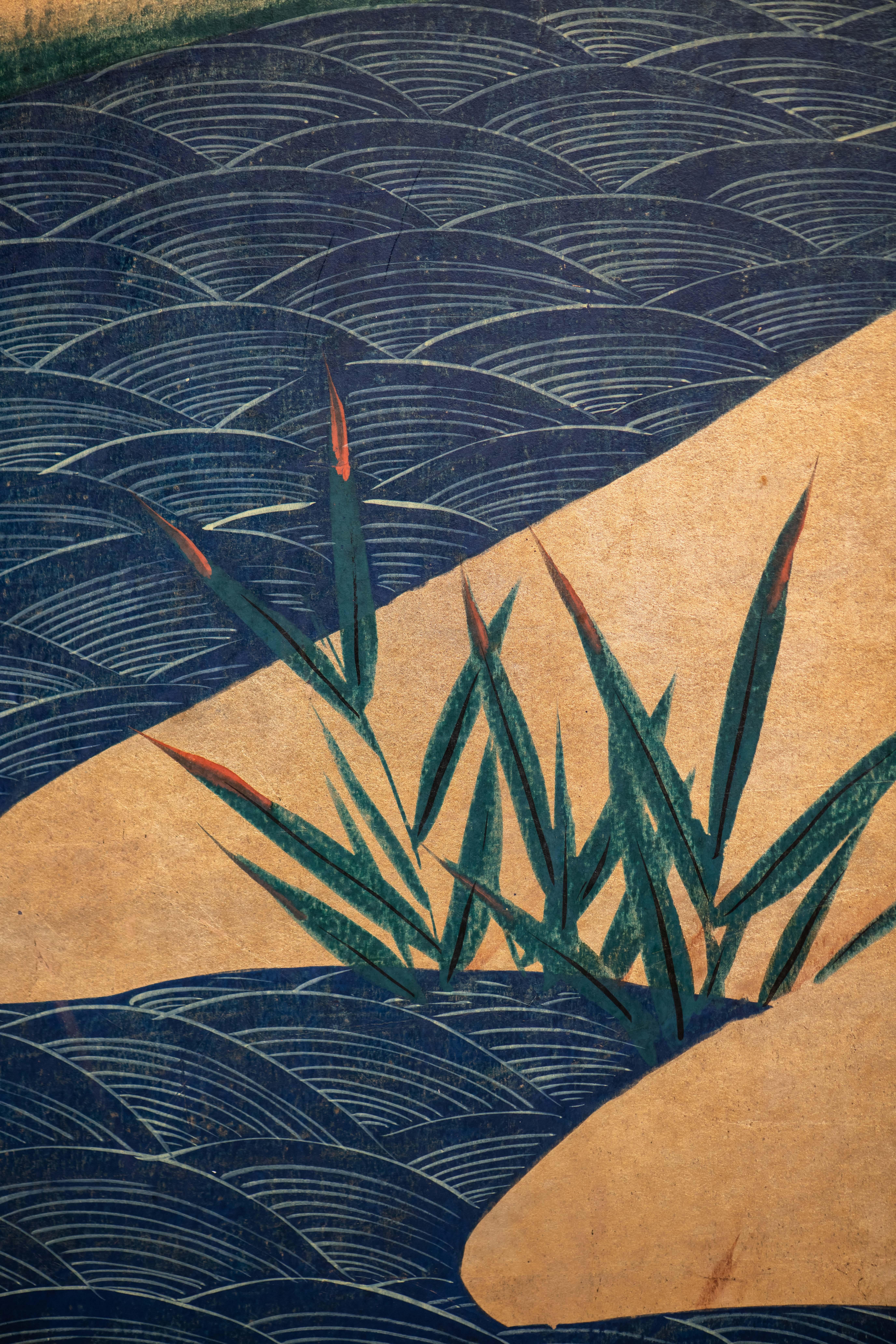 Hand Painted Japanese Folding Screen Byobu of Cranes by the River 2