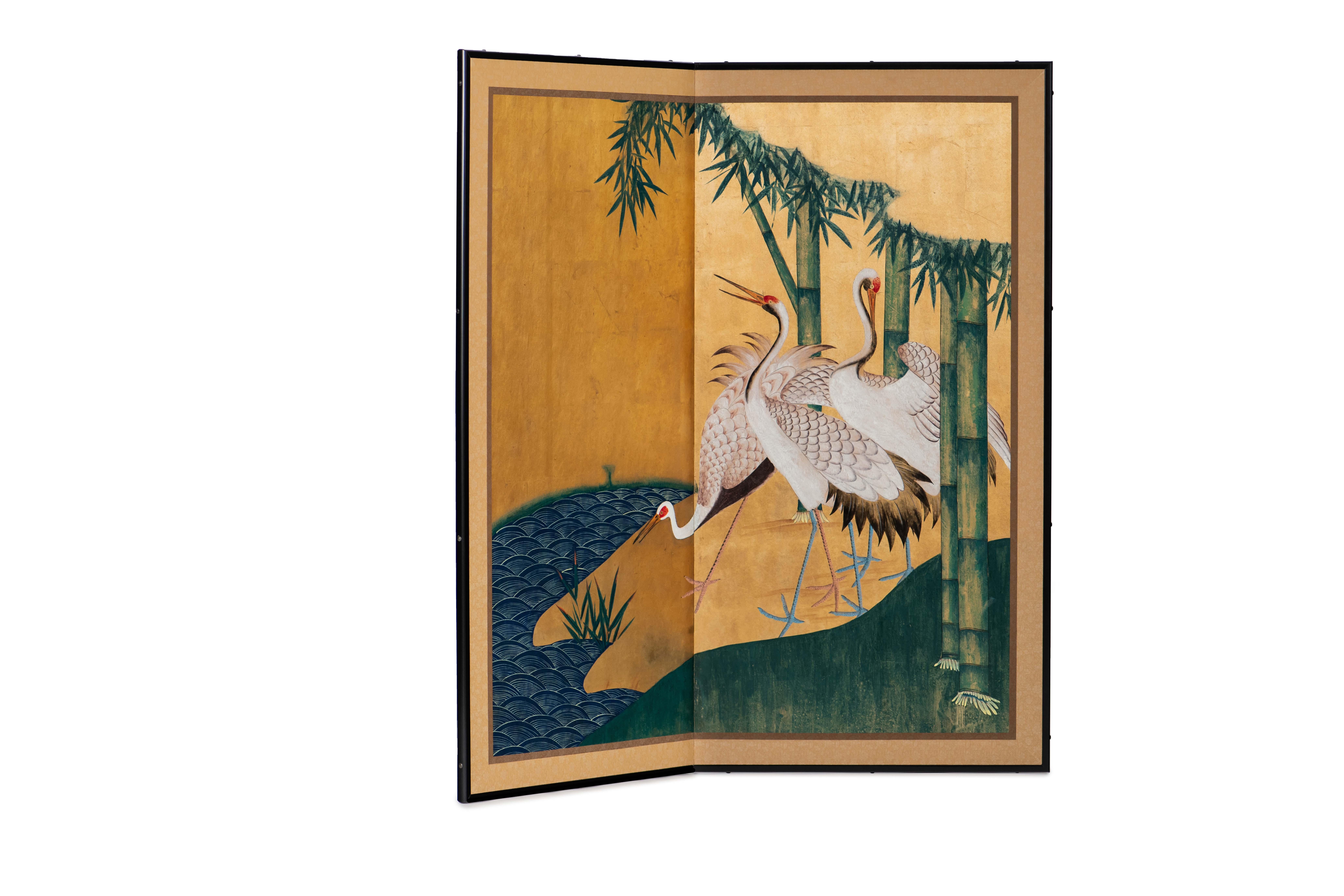 Hand Painted Japanese Folding Screen Byobu of Cranes by the River 4