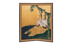 Hand Painted Japanese Folding Screen Byobu of Cranes by the River