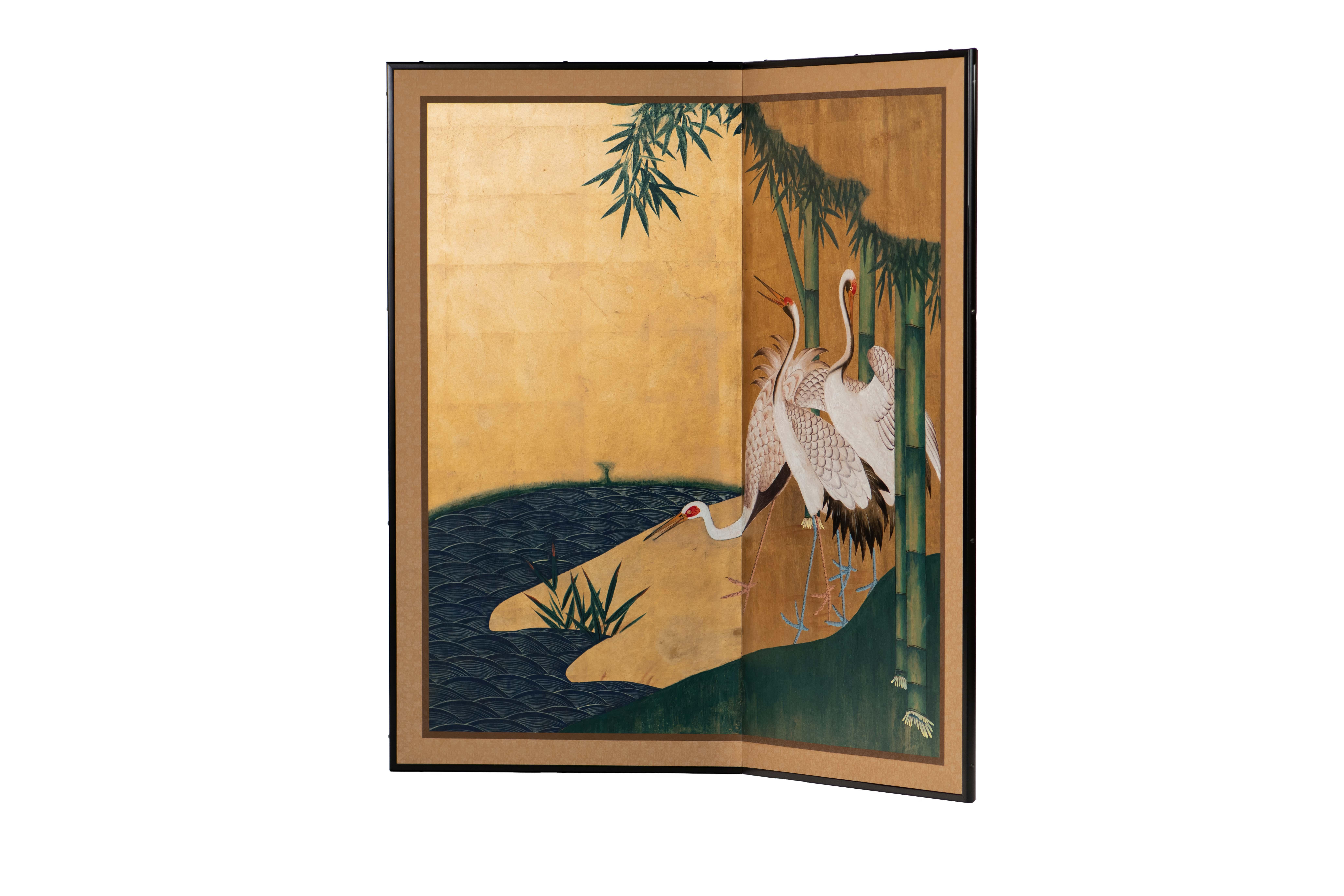 Chinese Hand Painted Japanese Folding Screen Byobu of Cranes by the River