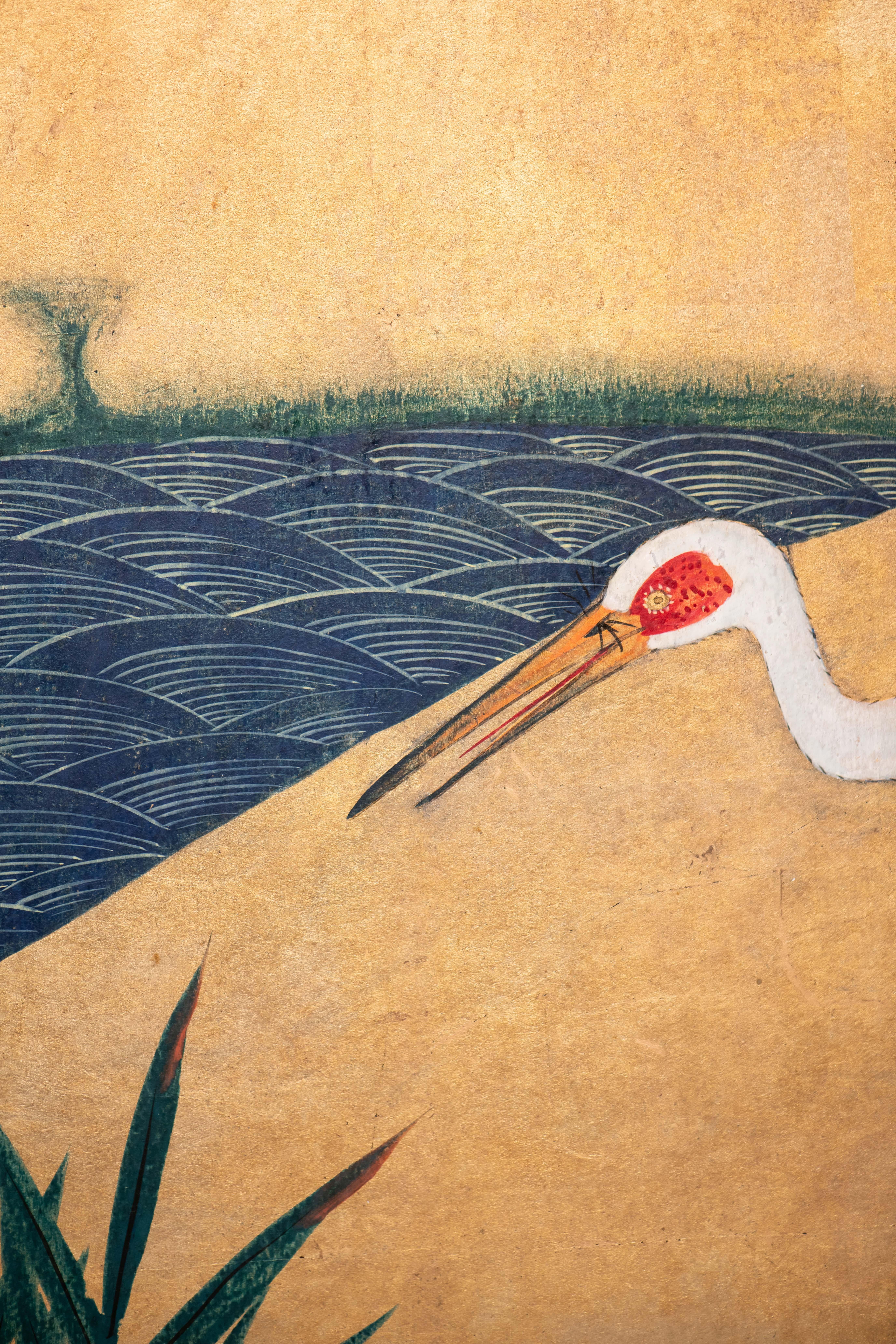 Hand-Painted Hand Painted Japanese Folding Screen Byobu of Cranes by the River