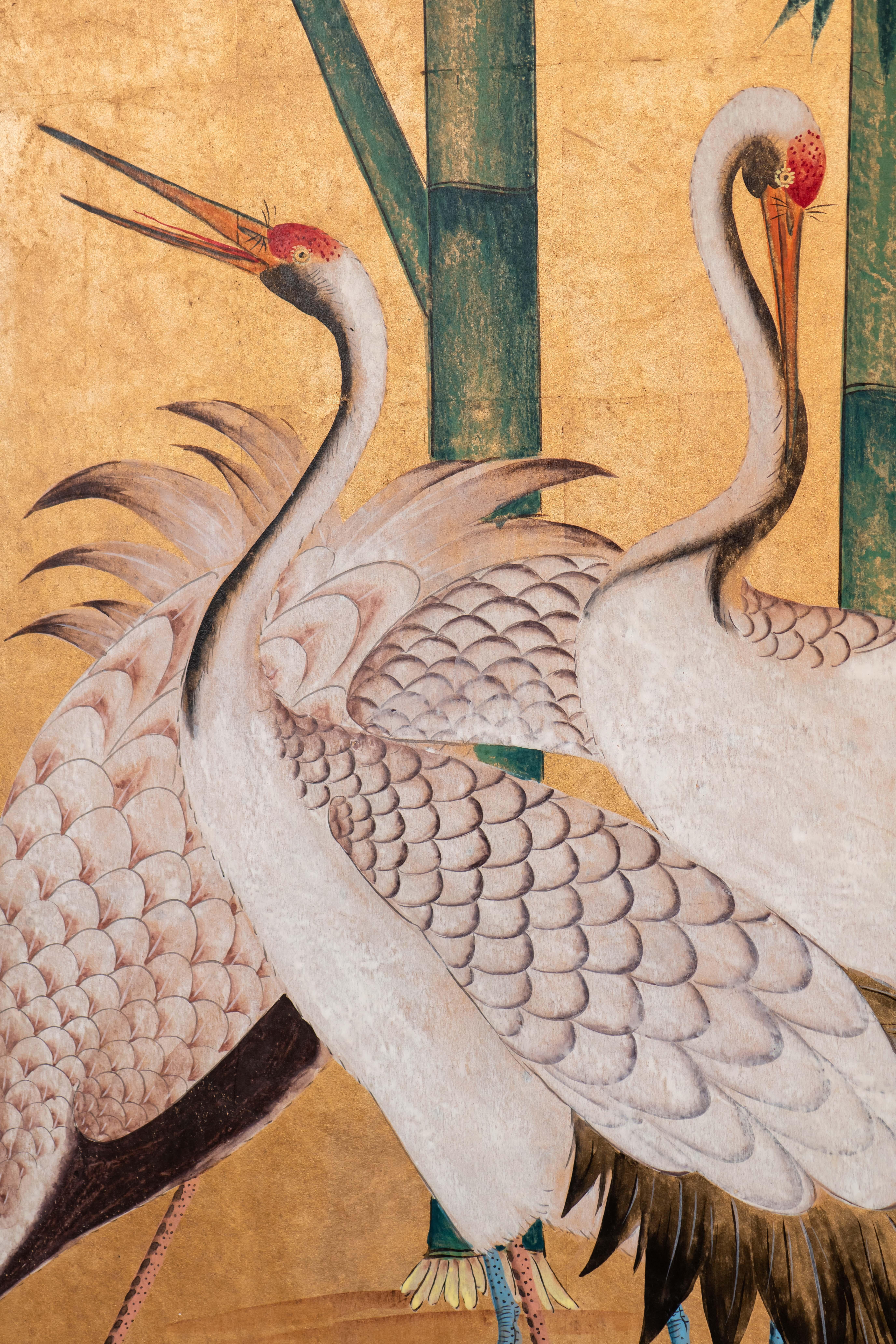Contemporary Hand Painted Japanese Folding Screen Byobu of Cranes by the River