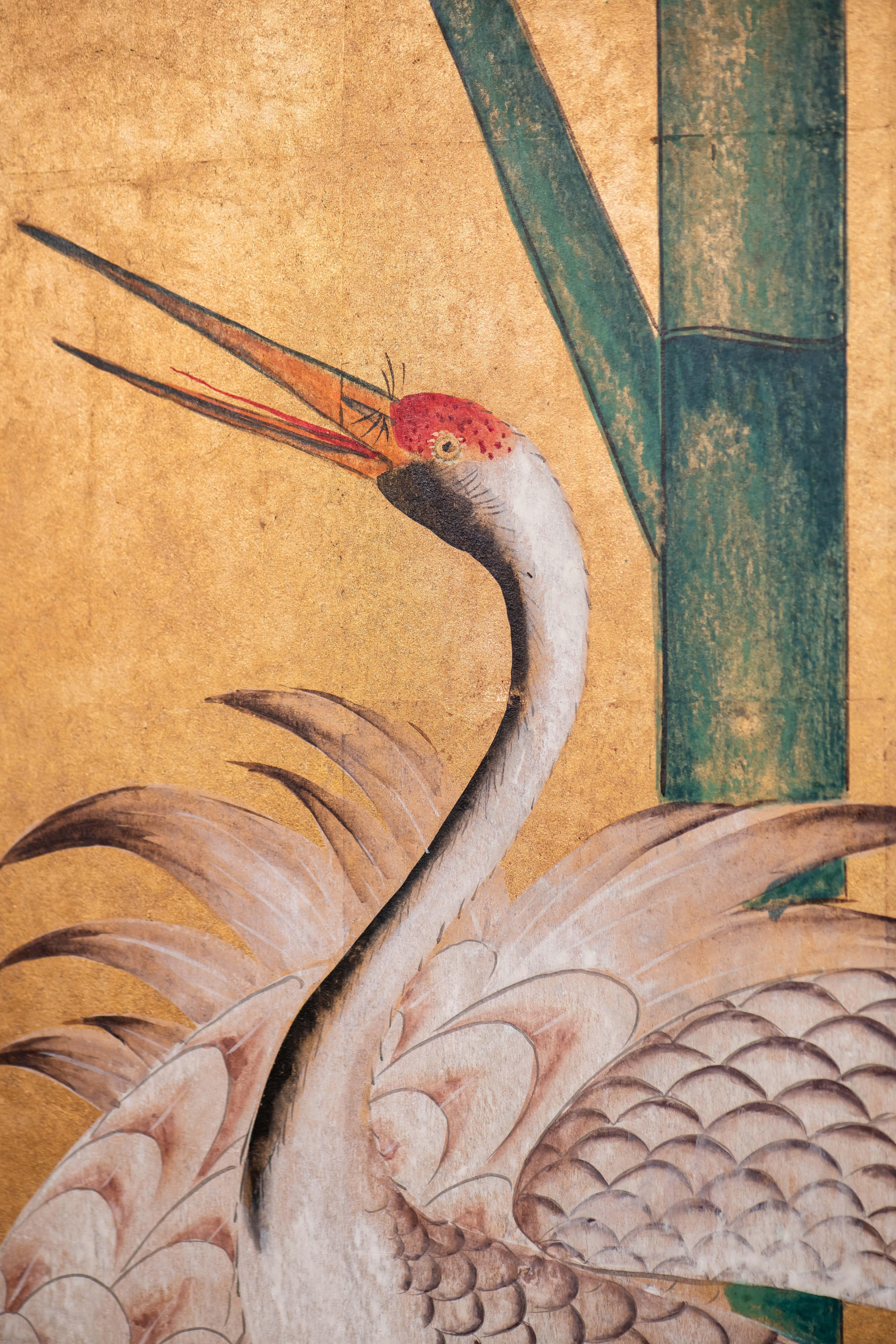 Hand Painted Japanese Folding Screen Byobu of Cranes by the River 2
