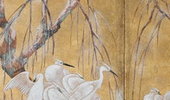 Hand Painted Japanese Folding Screen Byobu of Egrets by the Trees