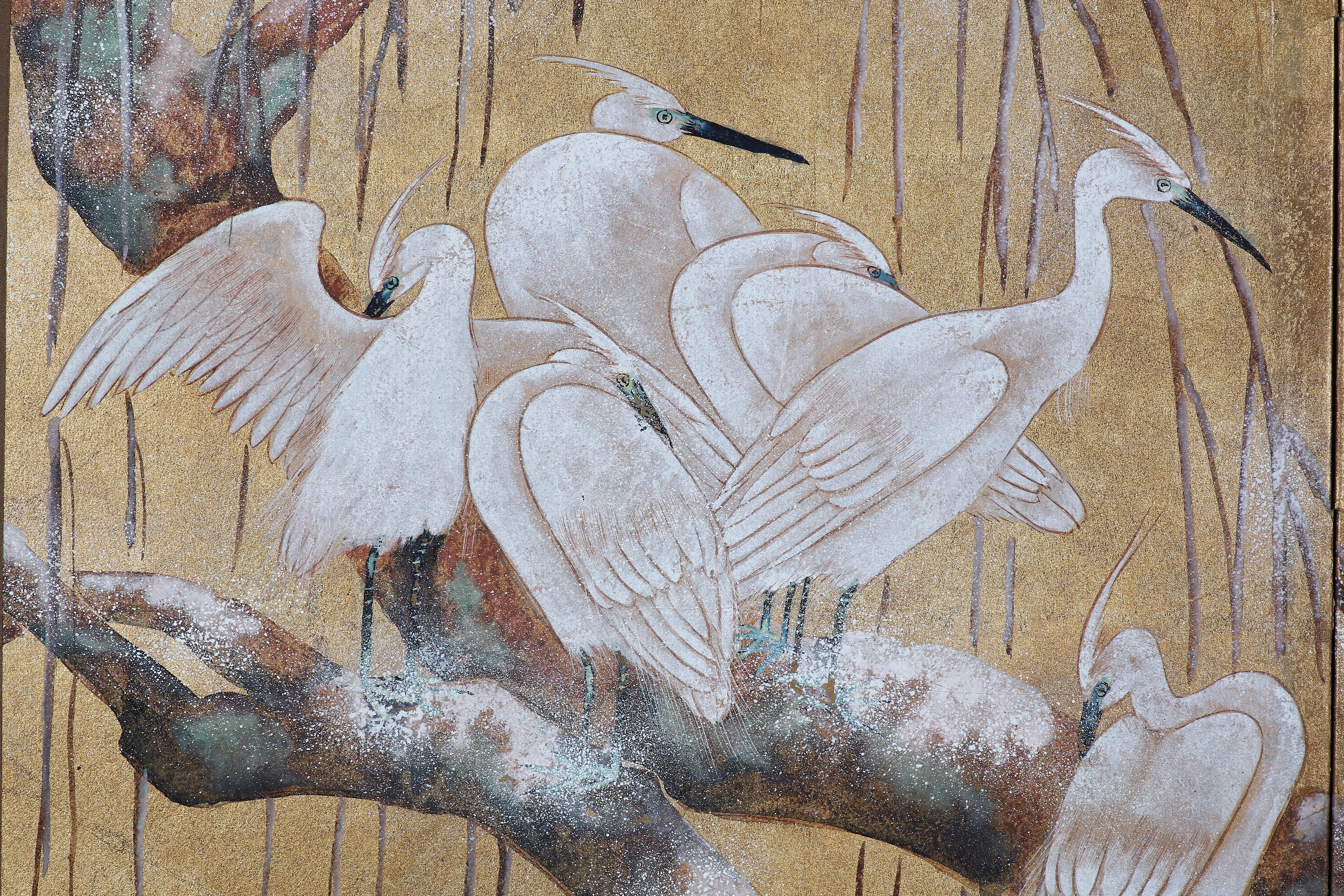 Chinese Hand Painted Japanese Folding Screen Byobu of Egrets by the Trees