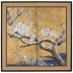 Hand Painted Japanese Folding Screen Byobu of Egrets by the Trees