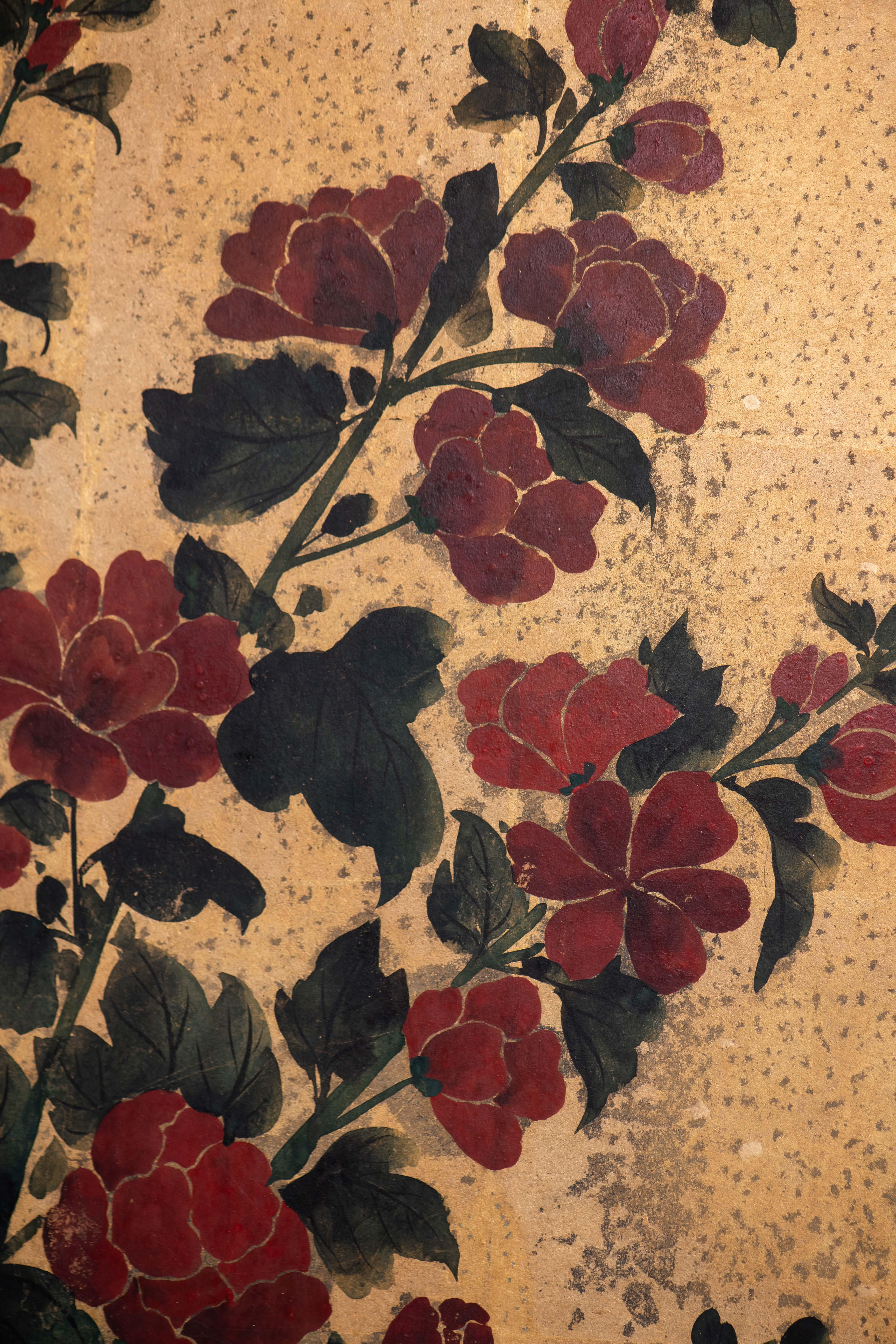 Paravent japonais peint à la main Byobu de gazons en fleurs et de bambou en vente 2