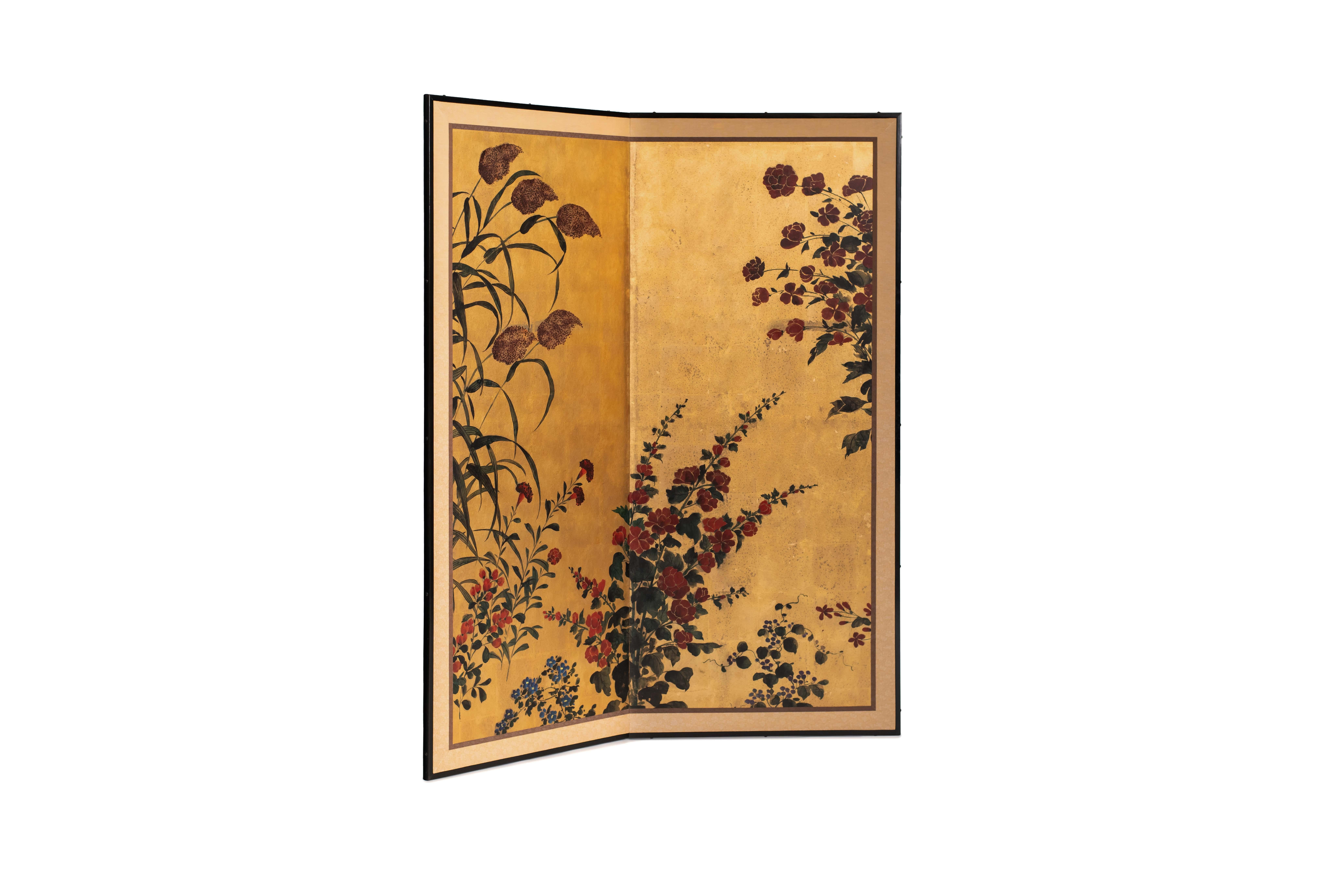 Paravent japonais peint à la main Byobu de gazons en fleurs et de bambou en vente 3