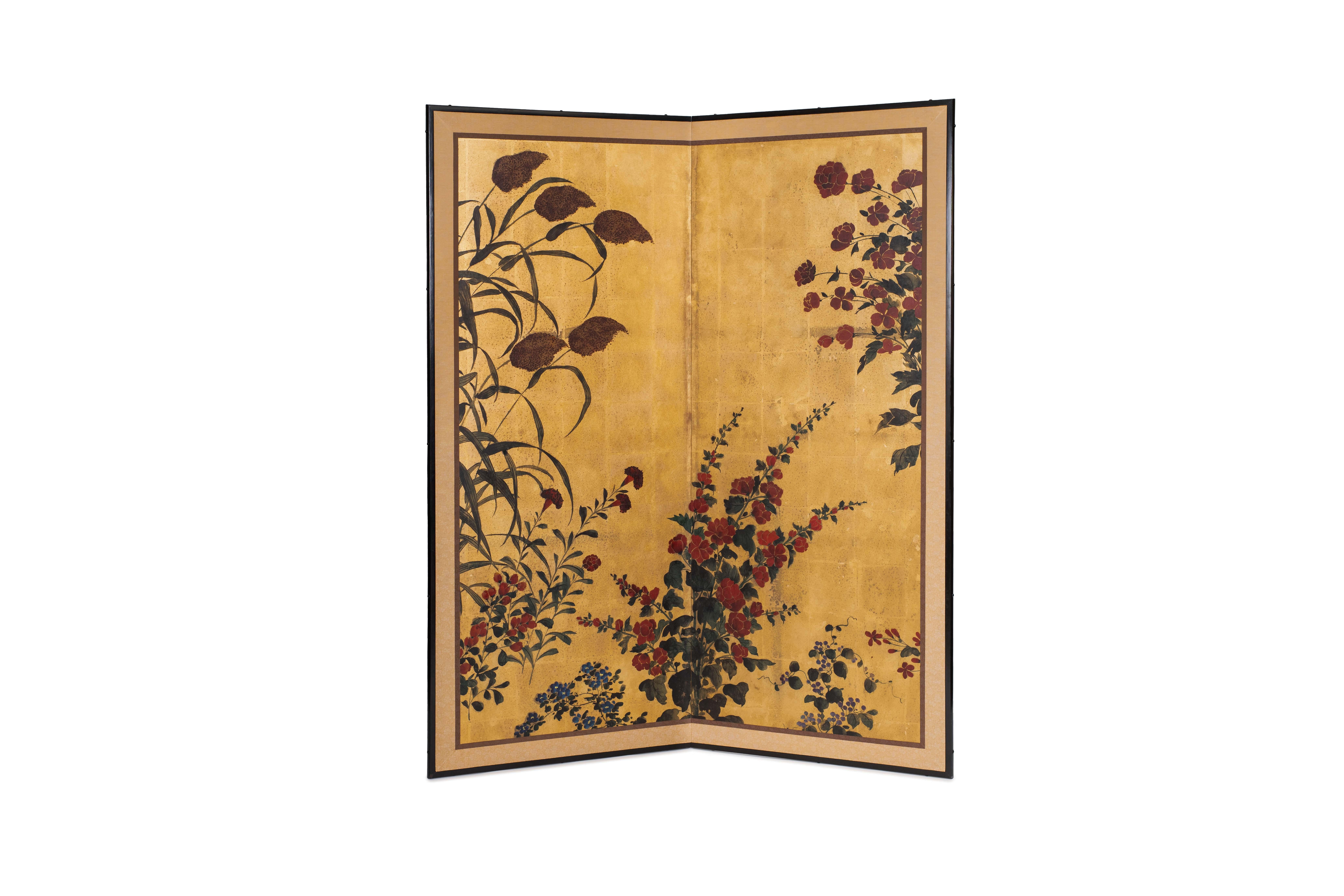 The flowering grasses and bamboo painting of this two-panel screen is hand-painted in watercolor, on squares of gold leaf which are applied by hand to the paper base over carefully jointed wooden lattice frames. Lacquer rails are then applied to the