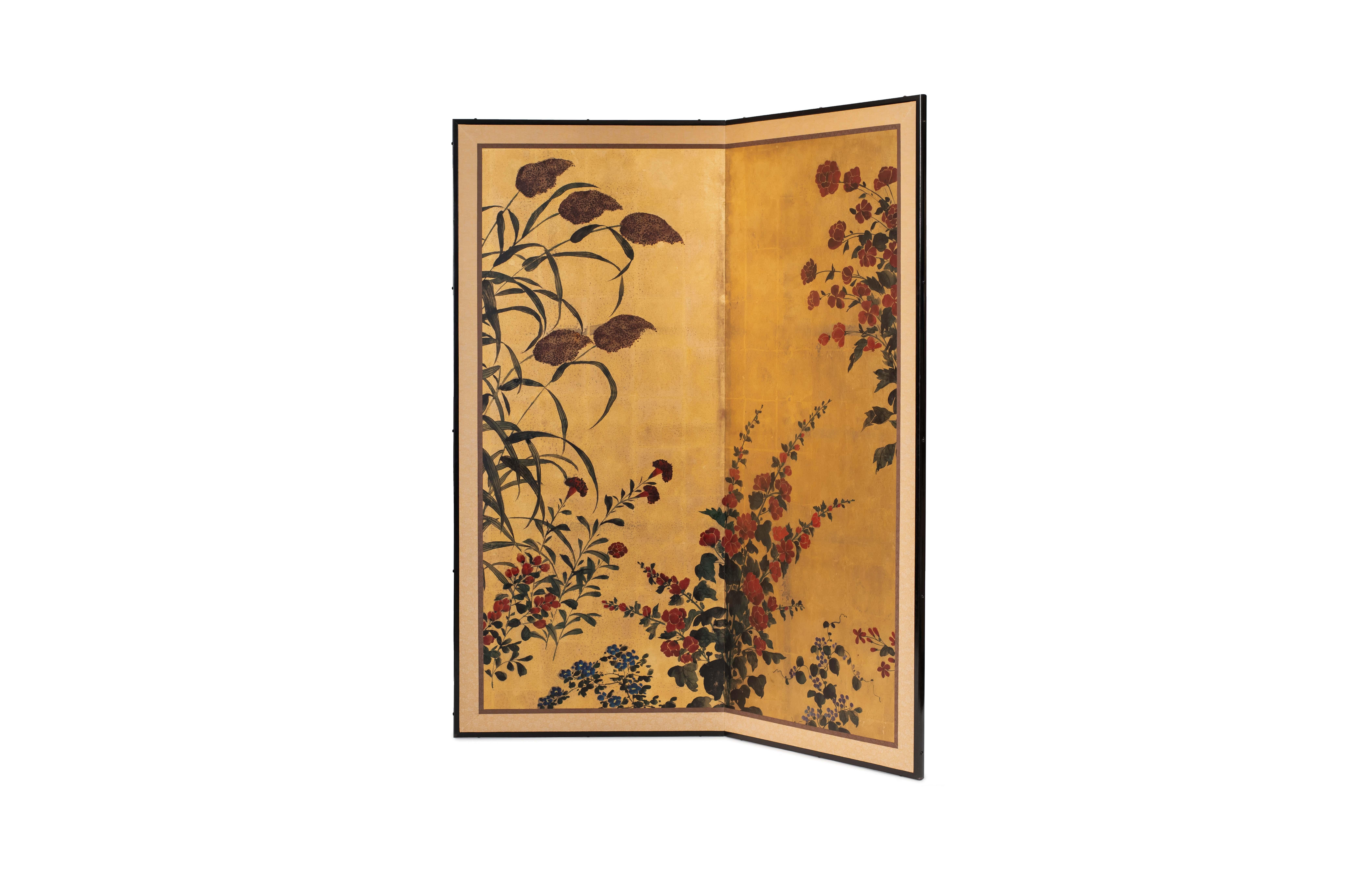 Chinese Hand Painted Japanese Folding Screen Byobu of Flowering Grasses and Bamboo For Sale