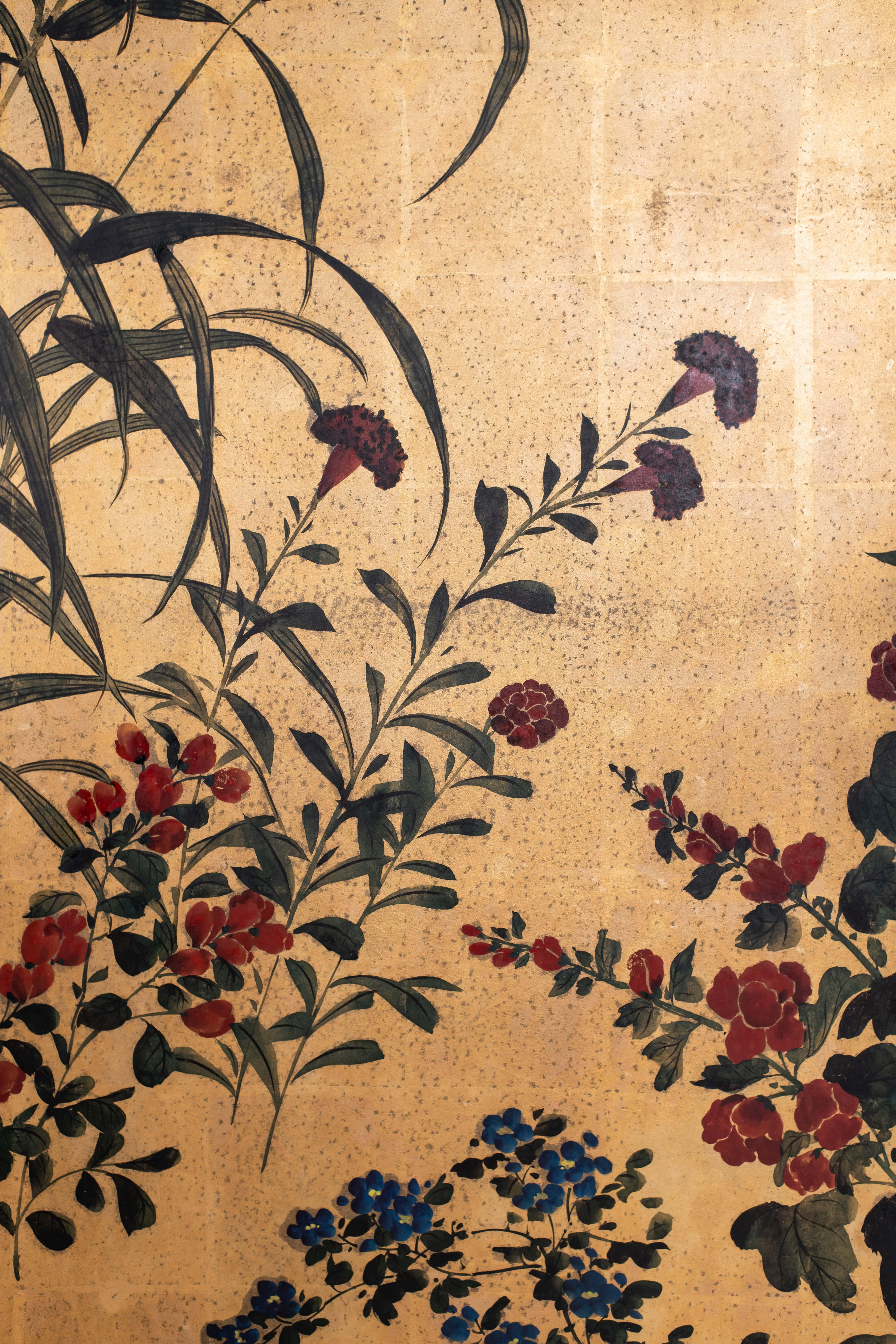 Hand-Painted Hand Painted Japanese Folding Screen Byobu of Flowering Grasses and Bamboo For Sale