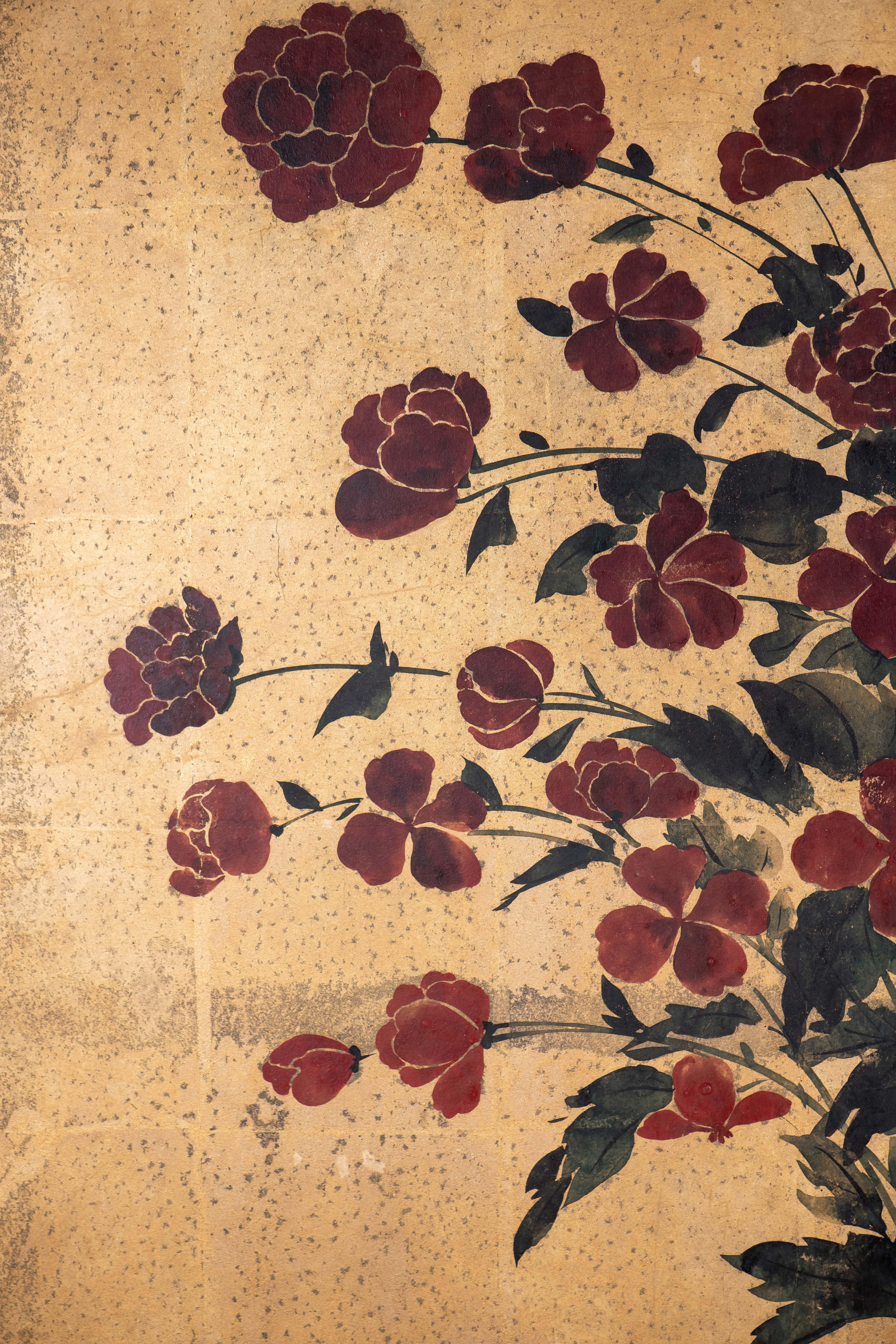 Peint à la main Paravent japonais peint à la main Byobu de gazons en fleurs et de bambou en vente