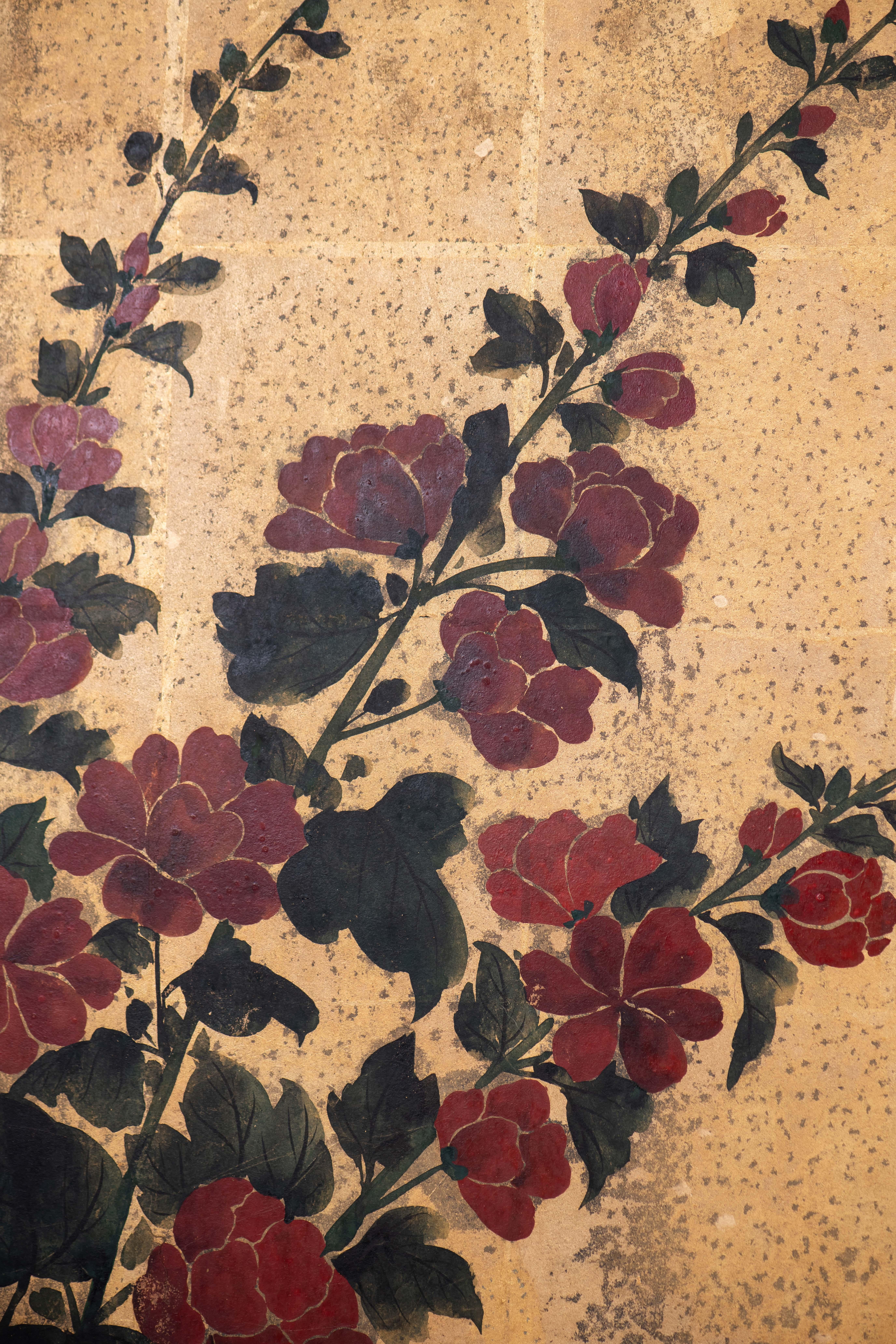 XXIe siècle et contemporain Paravent japonais peint à la main Byobu de gazons en fleurs et de bambou en vente