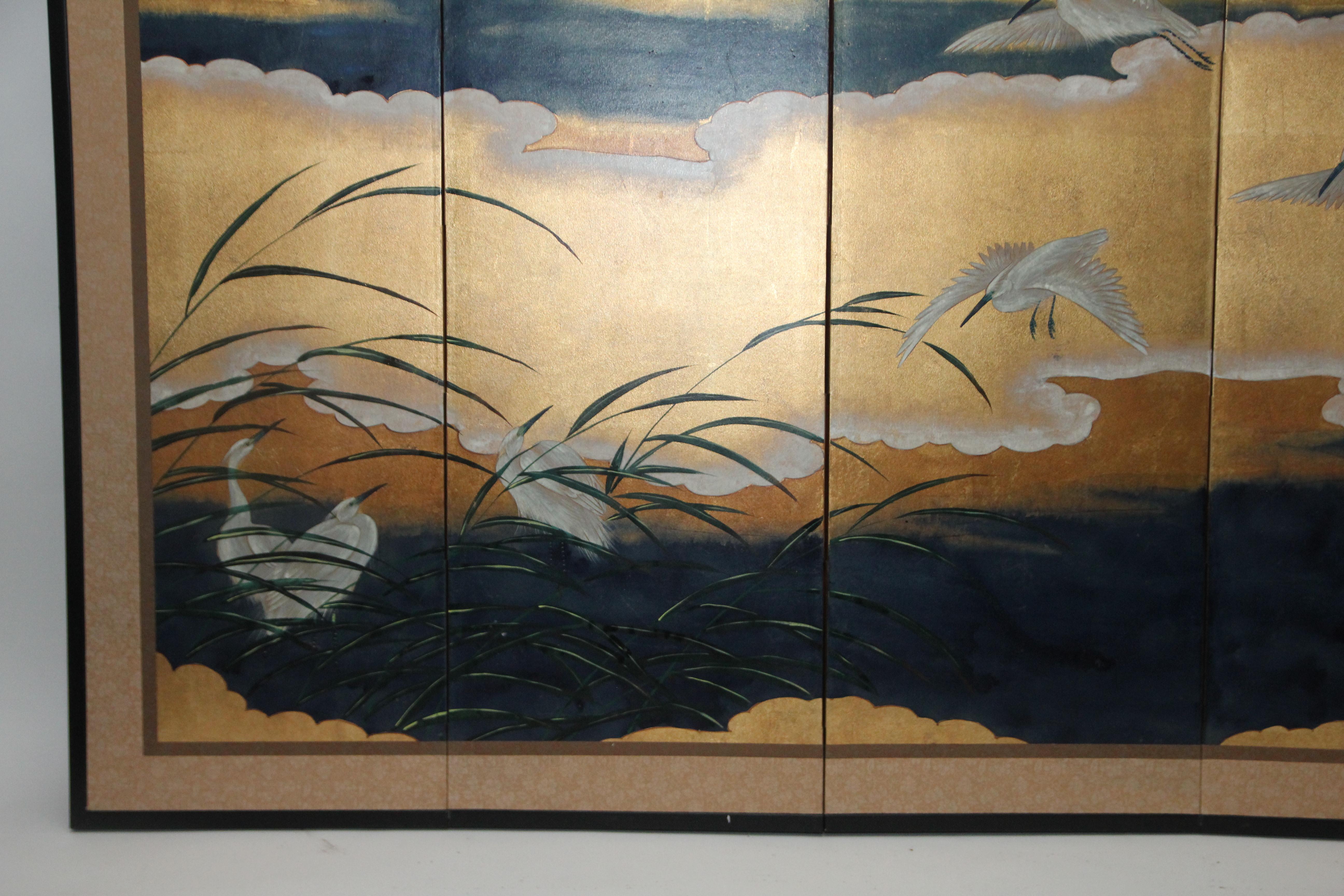 Chinese Hand-Painted Japanese Folding Screen Byobu of Flying Cranes on Goldleaf