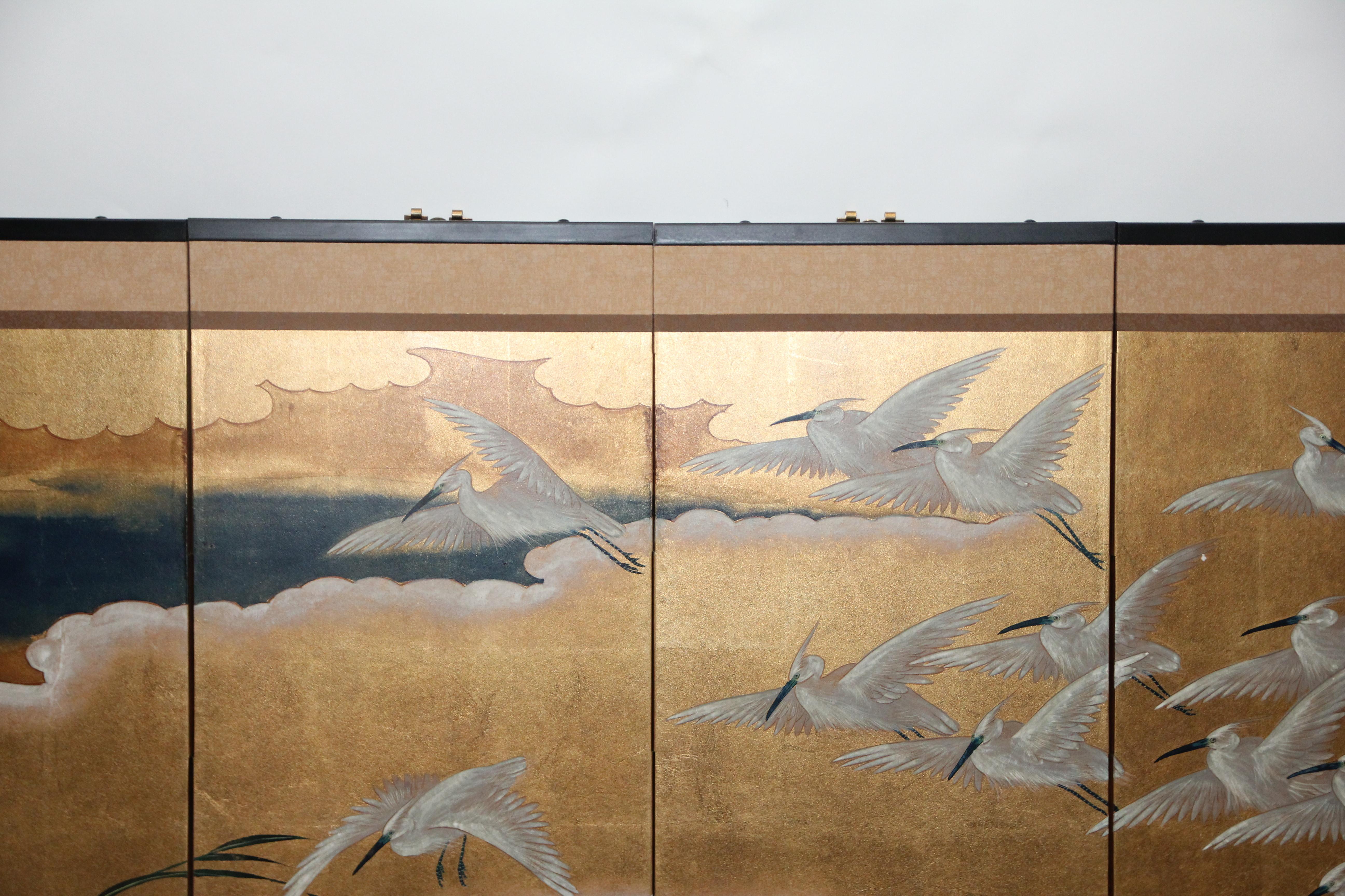 Hand-Crafted Hand-Painted Japanese Folding Screen Byobu of Flying Cranes on Goldleaf