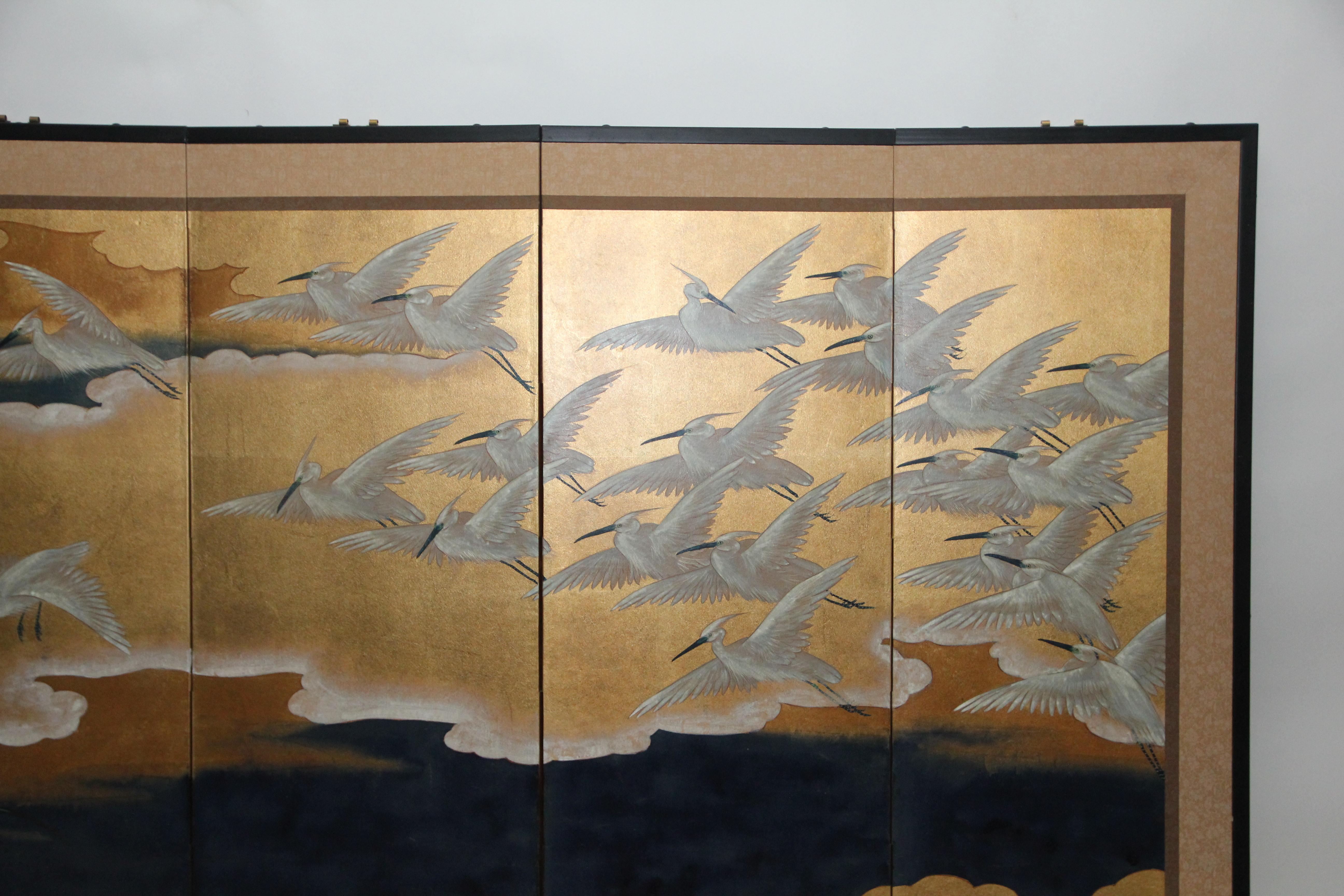 Contemporary Hand-Painted Japanese Folding Screen Byobu of Flying Cranes on Goldleaf