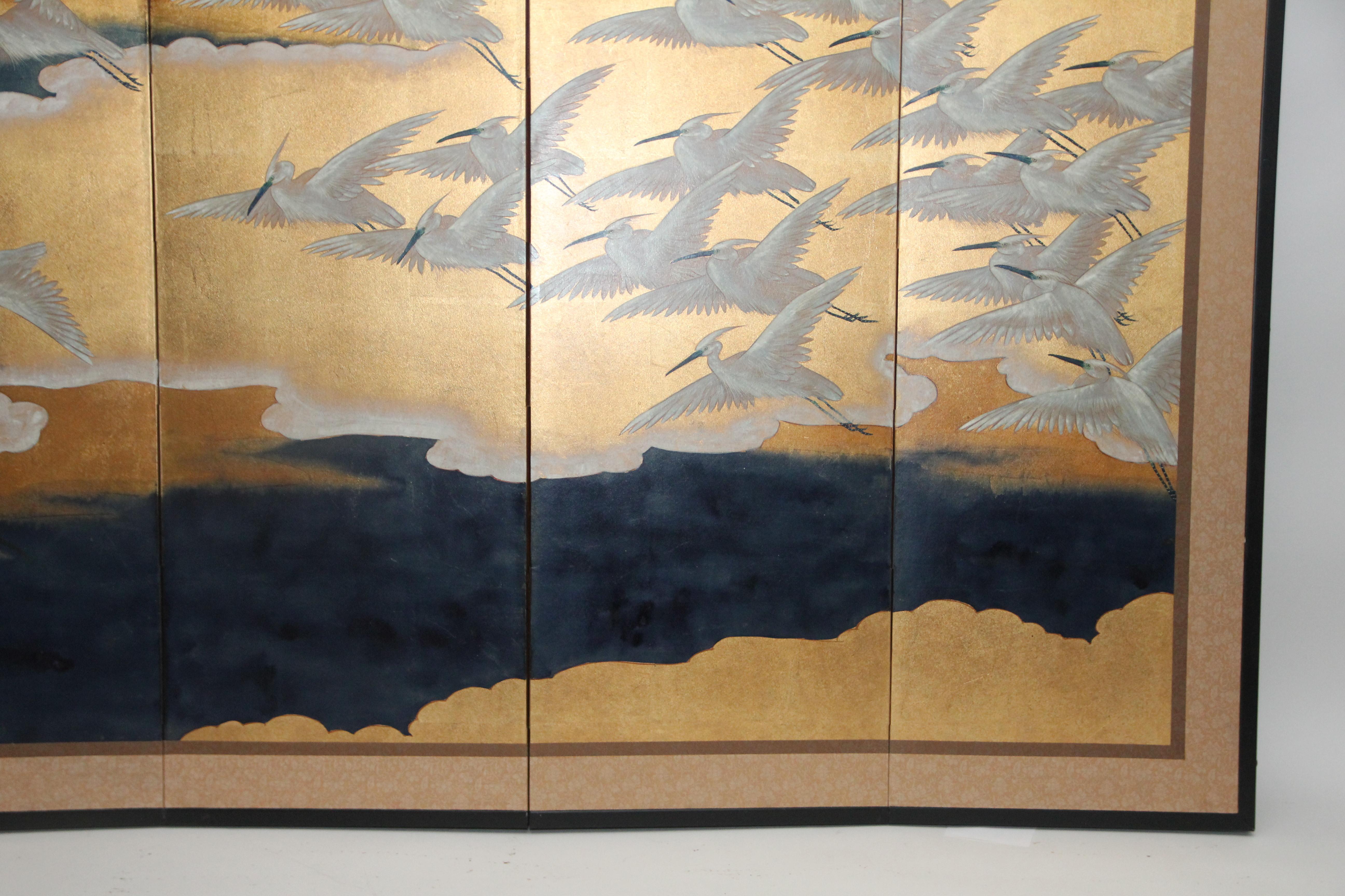 Gold Leaf Hand-Painted Japanese Folding Screen Byobu of Flying Cranes on Goldleaf