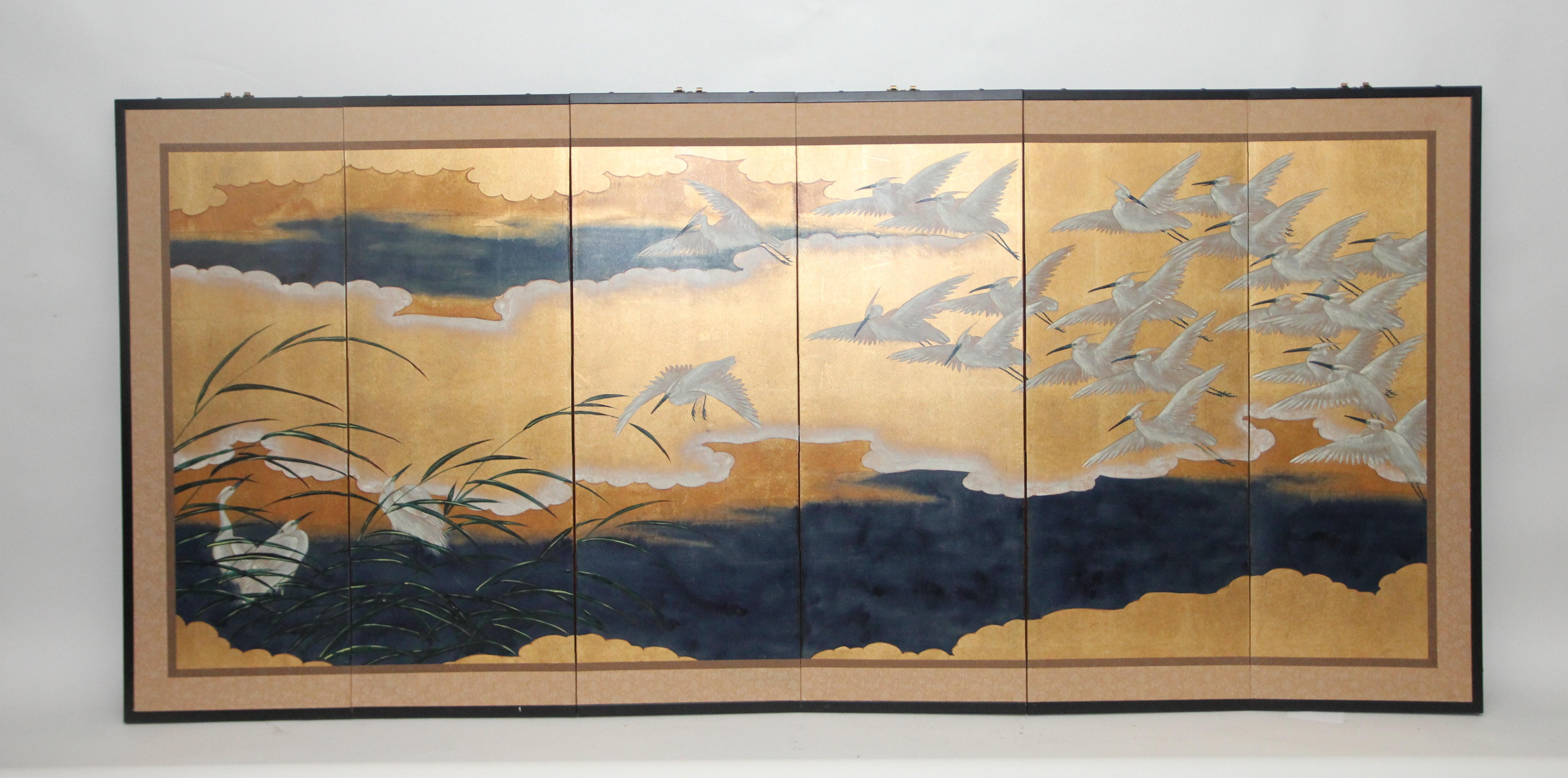 Hand-Painted Japanese Folding Screen Byobu of Flying Cranes on Goldleaf 1