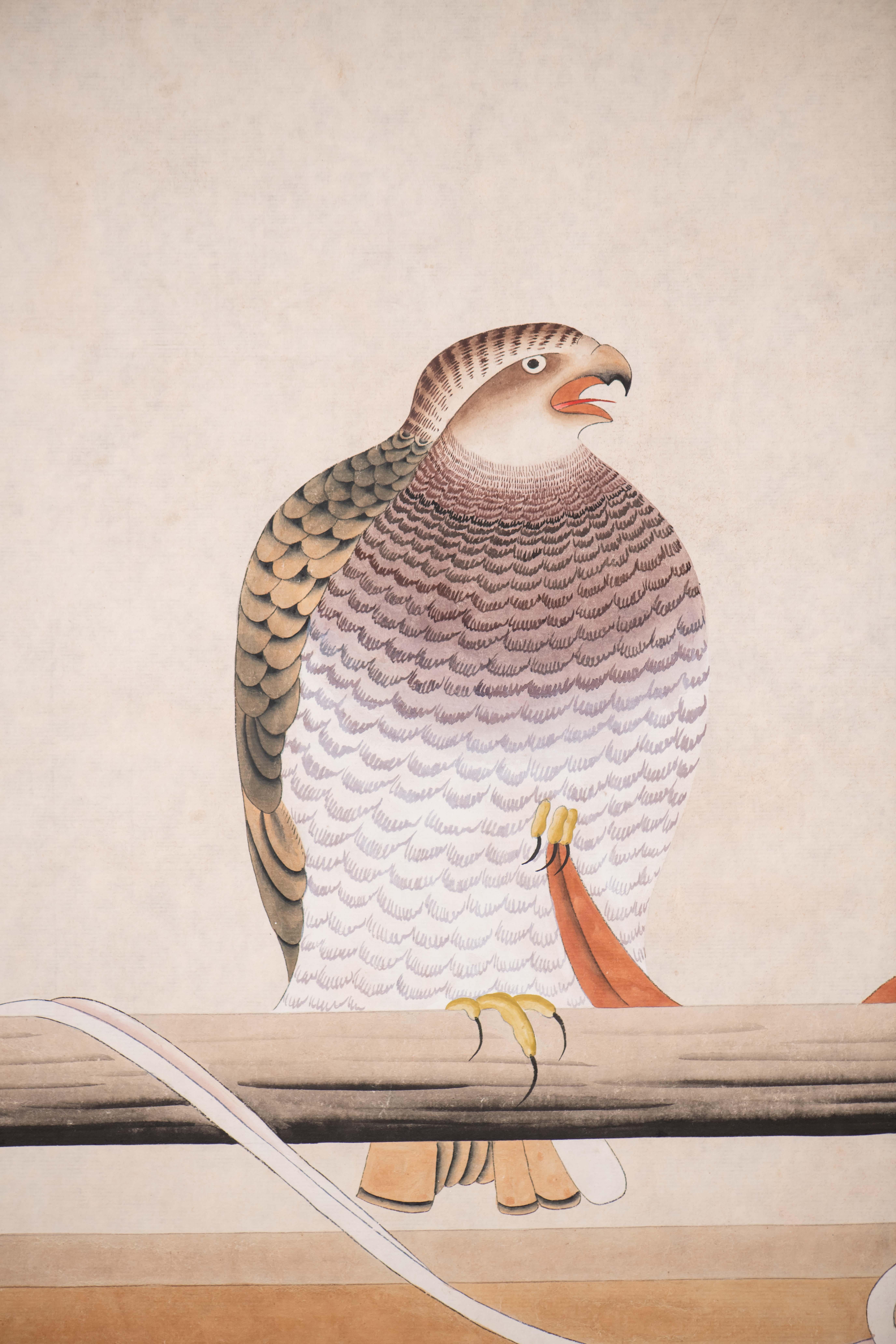 Hand Painted Japanese Folding Screen Byobu of Hawks For Sale 5