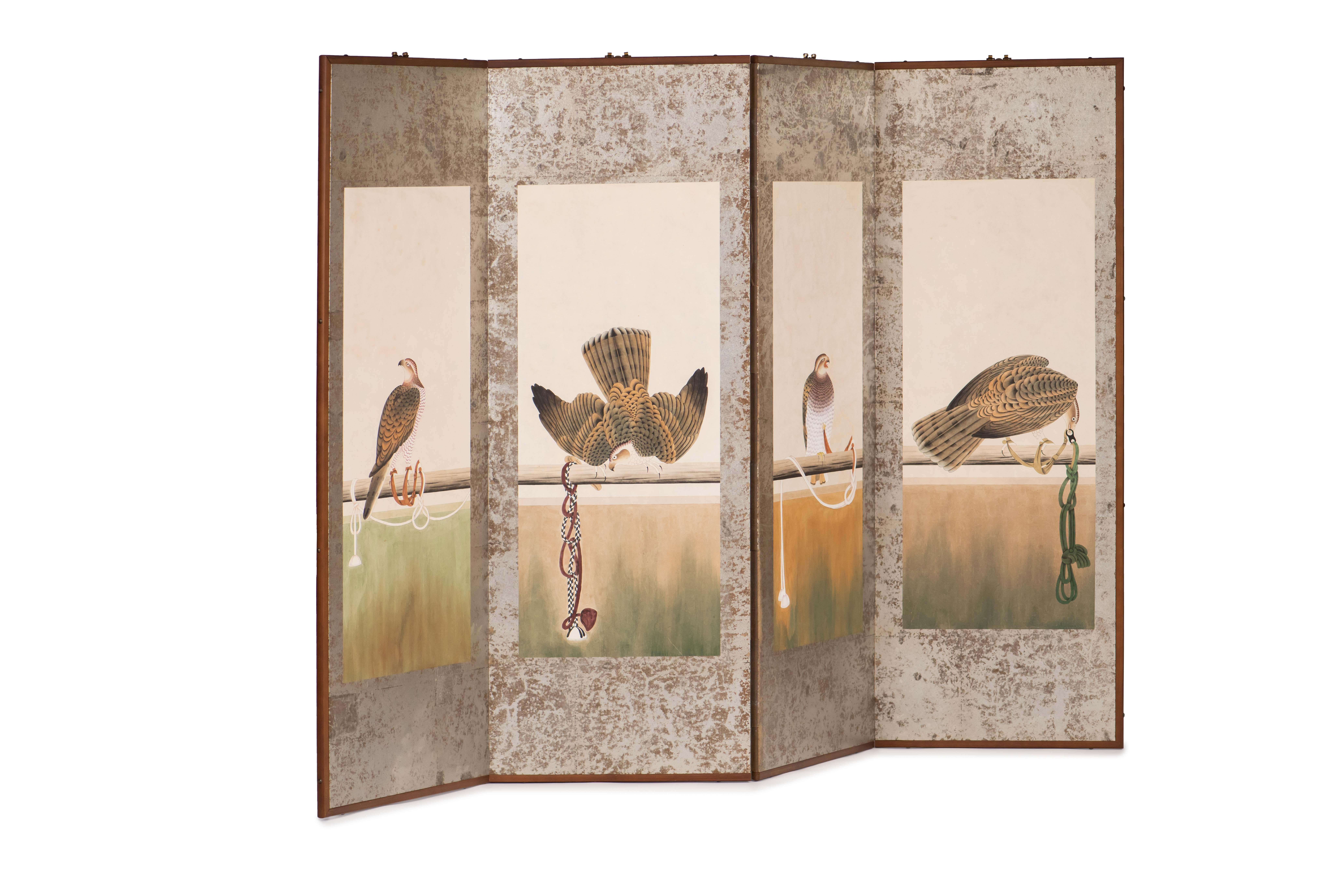 Hand Painted Japanese Folding Screen Byobu of Hawks For Sale 7