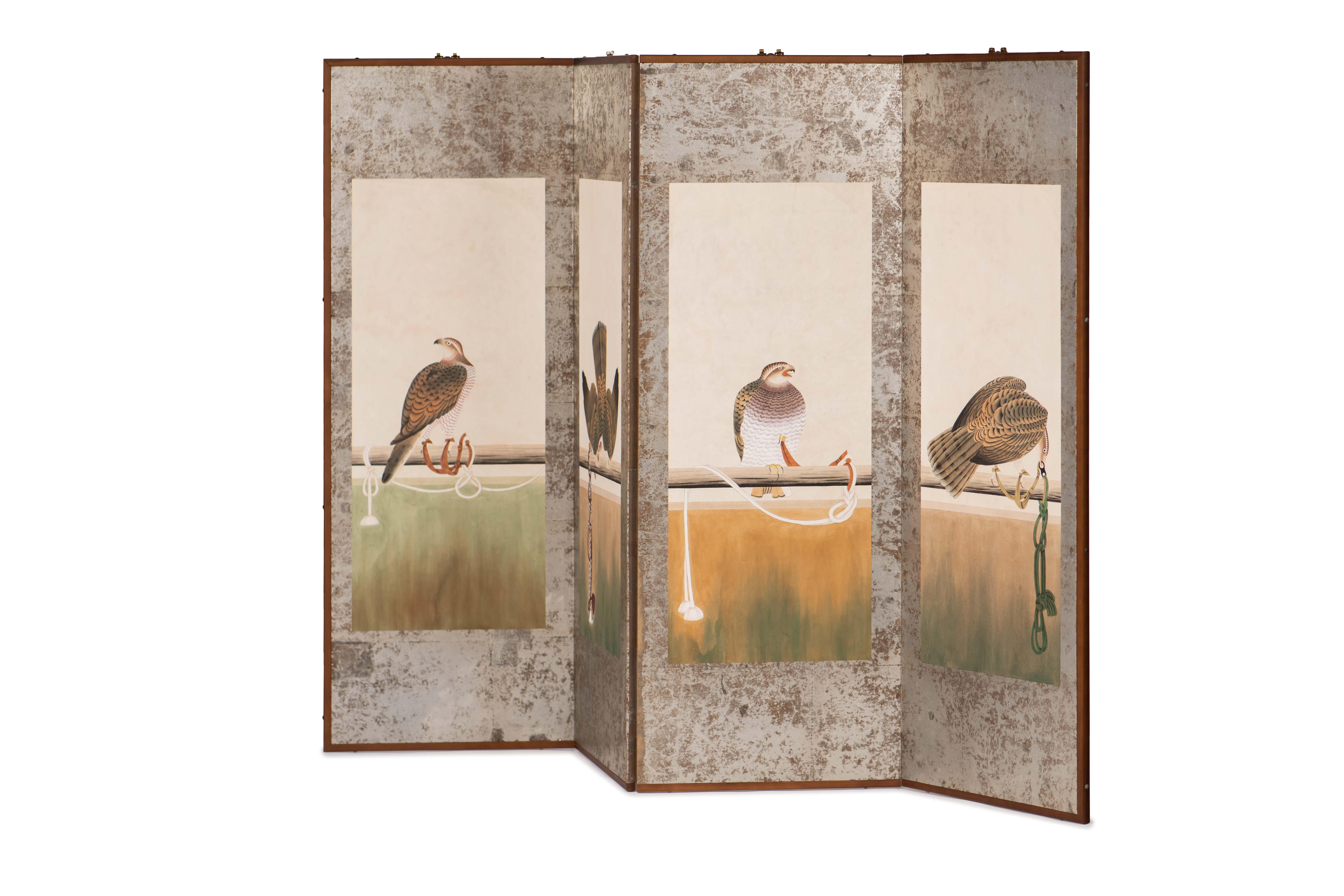 Chinese Hand Painted Japanese Folding Screen Byobu of Hawks For Sale