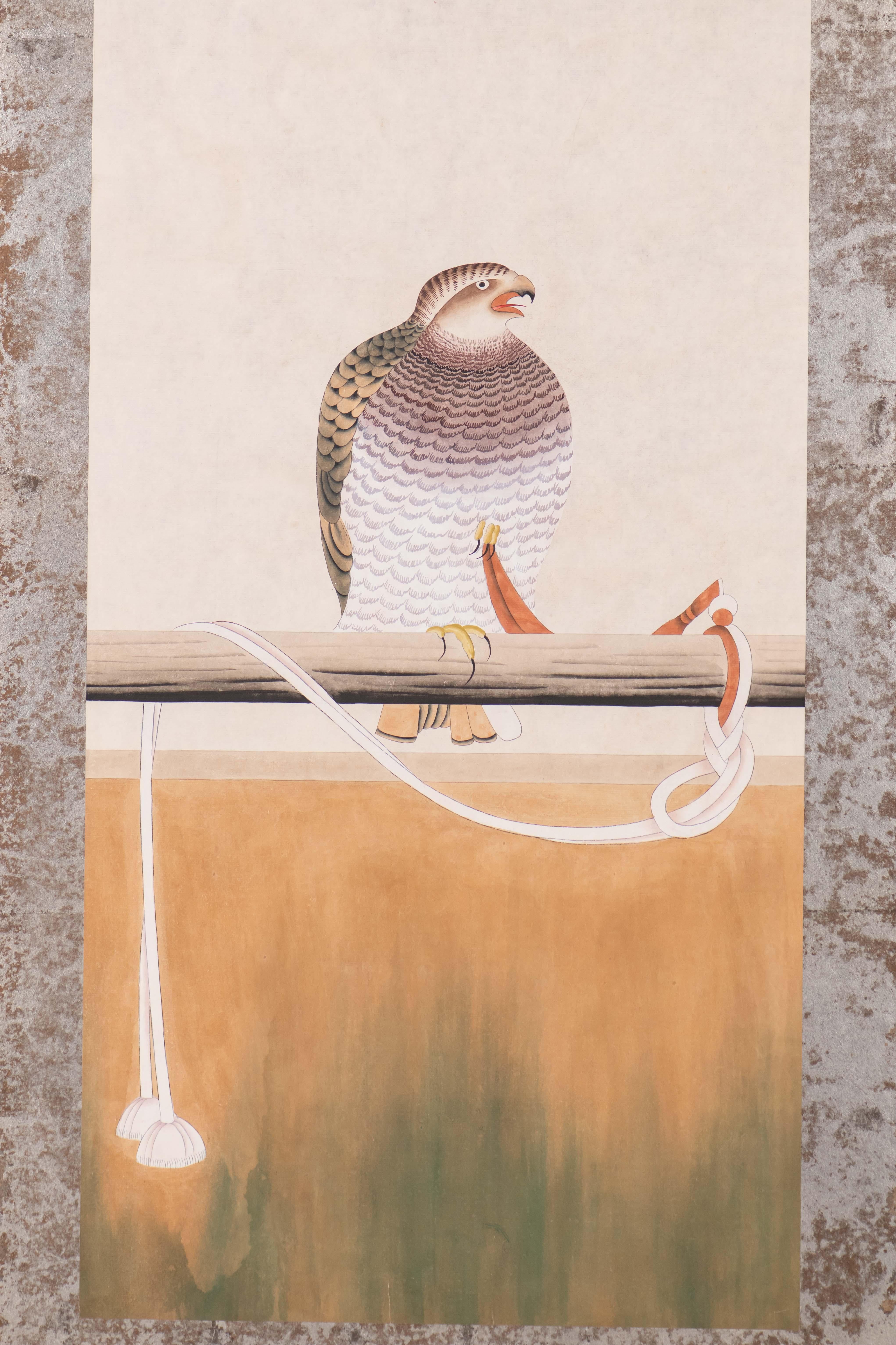 Hand Painted Japanese Folding Screen Byobu of Hawks For Sale 1