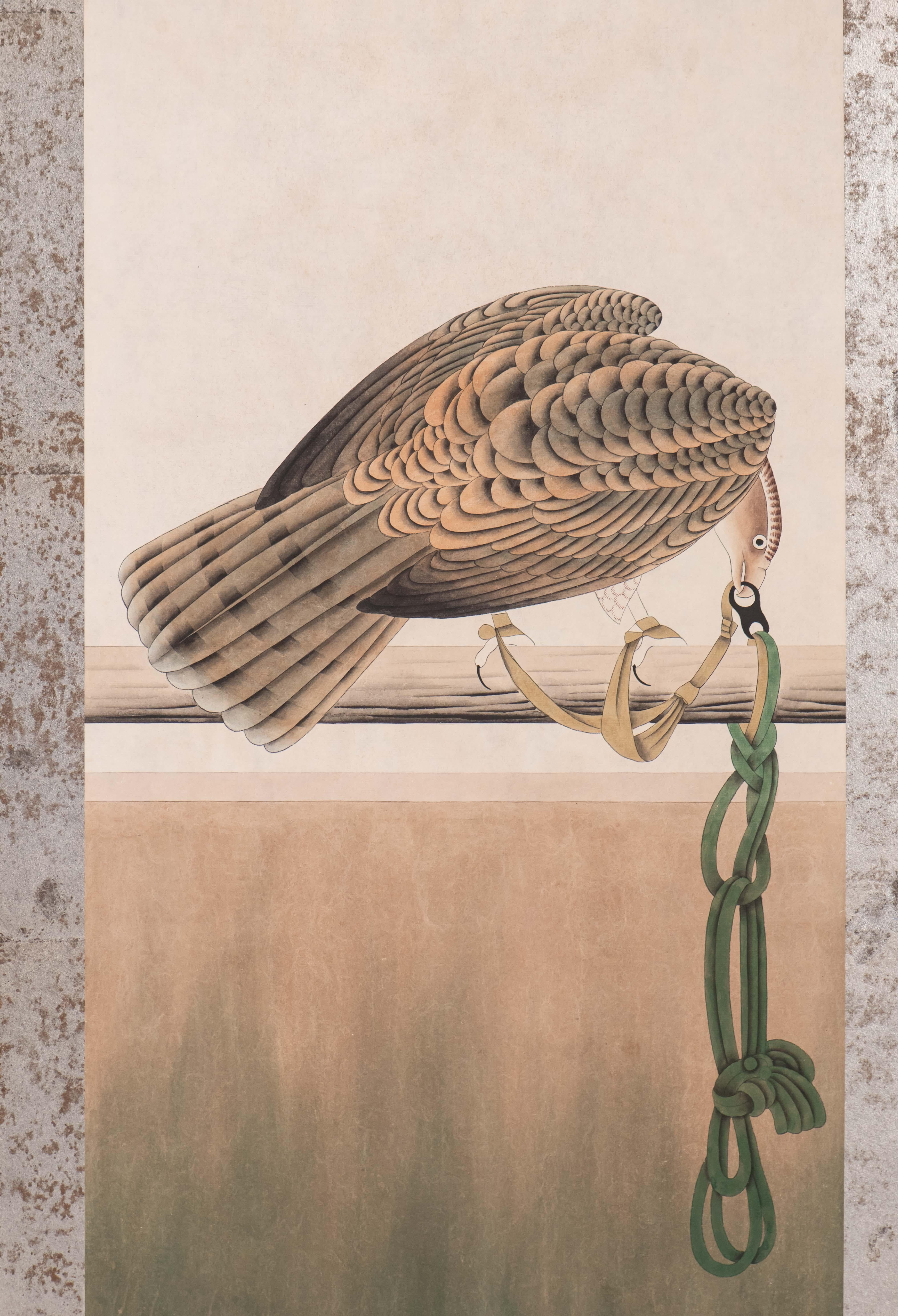 Hand Painted Japanese Folding Screen Byobu of Hawks For Sale 2