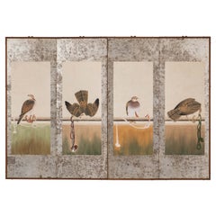 Hand Painted Japanese Folding Screen Byobu of Hawks