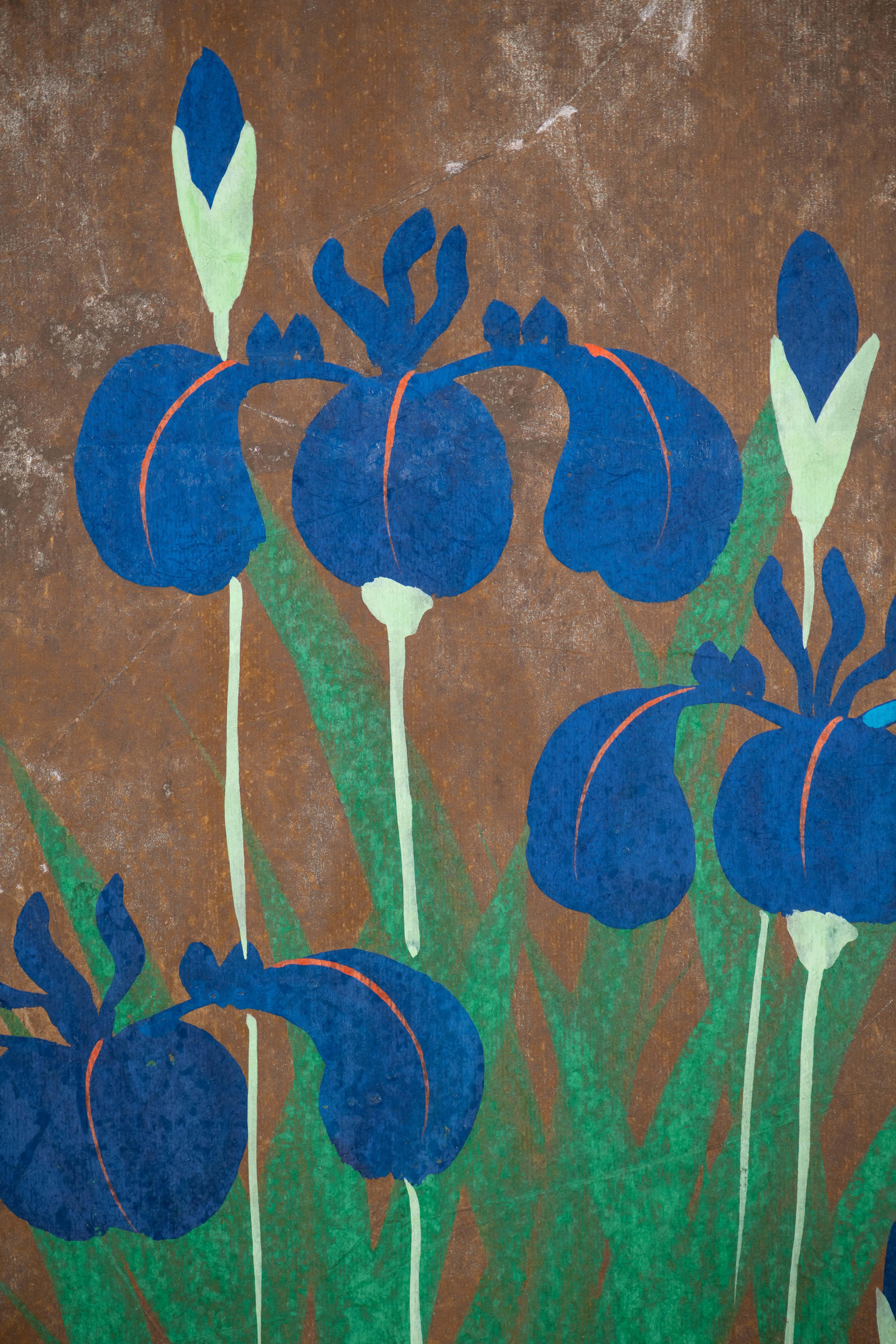 Hand Painted Japanese Folding Screen Byobu of Irises For Sale 3