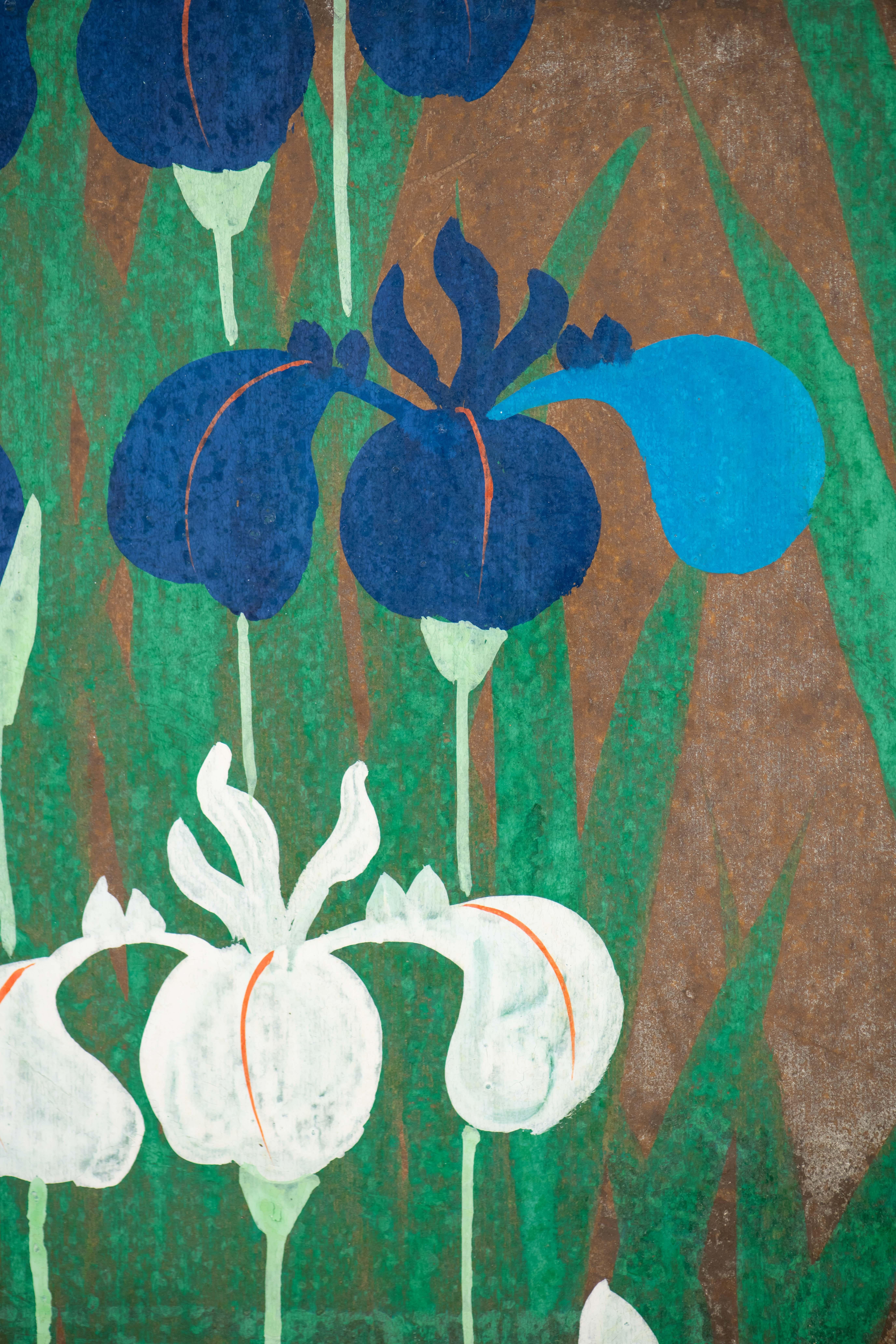 Hand Painted Japanese Folding Screen Byobu of Irises For Sale 4