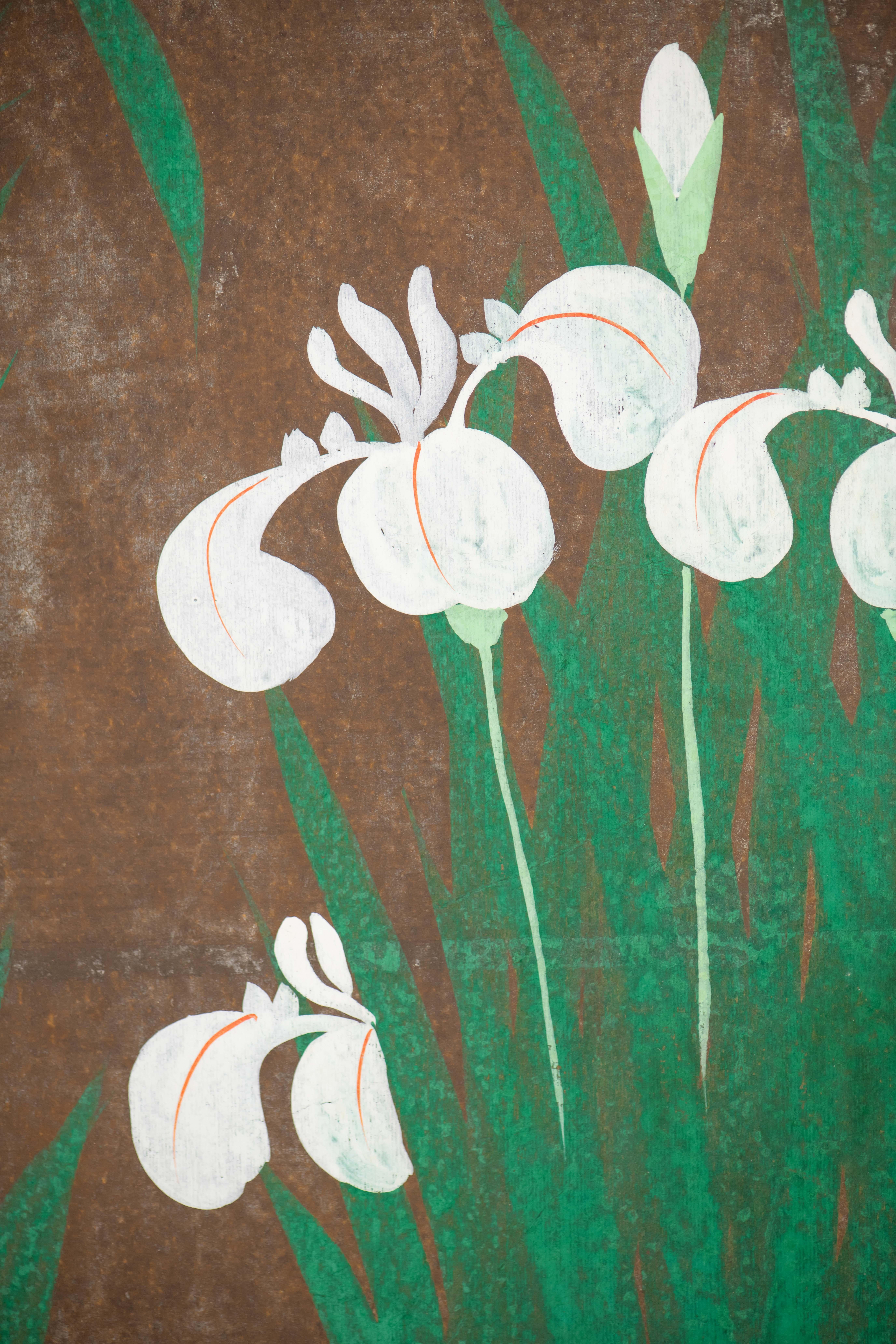 Hand Painted Japanese Folding Screen Byobu of Irises For Sale 6