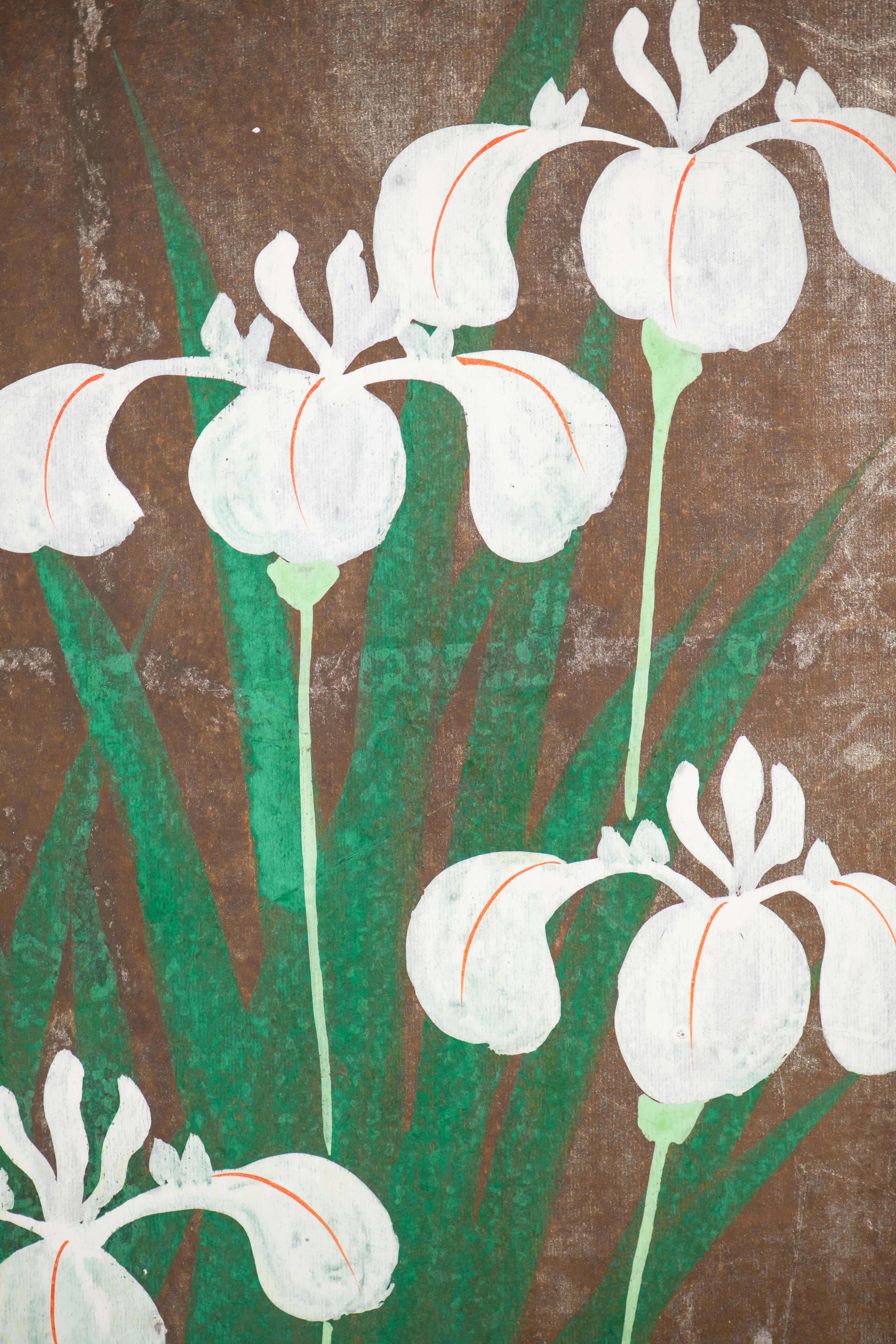 Hand Painted Japanese Folding Screen Byobu of Irises For Sale 7