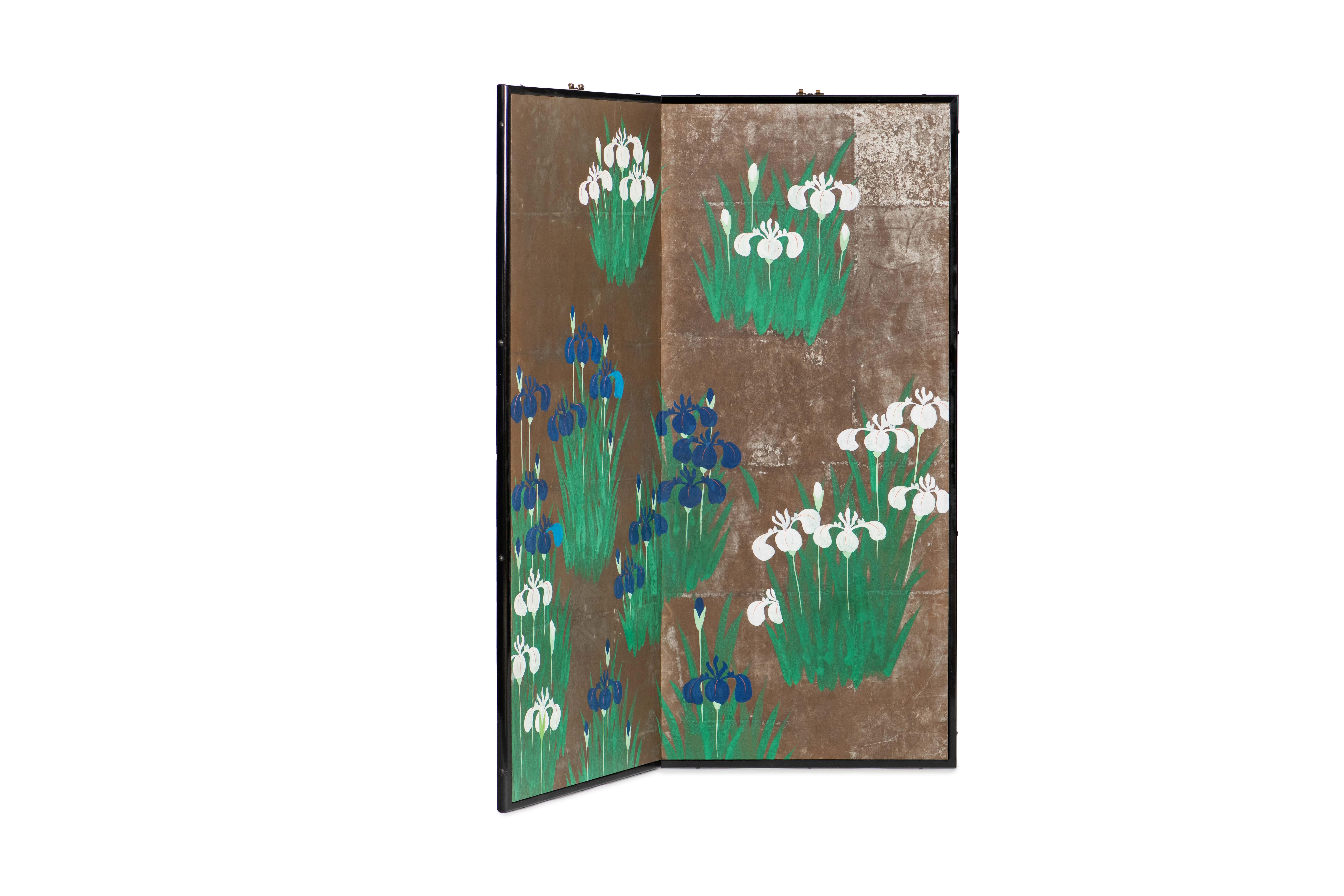 Hand Painted Japanese Folding Screen Byobu of Irises For Sale 8